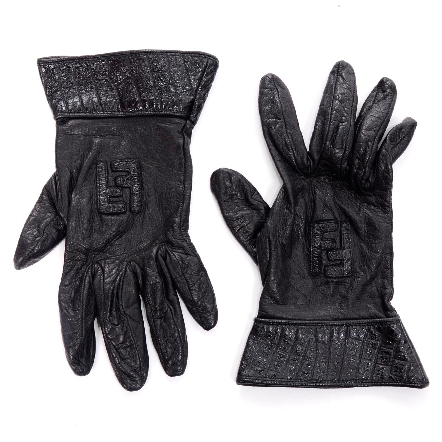Vintage Fendi Monogram Black Leather Ladies Gauntlet Gloves In Good Condition In Portland, OR