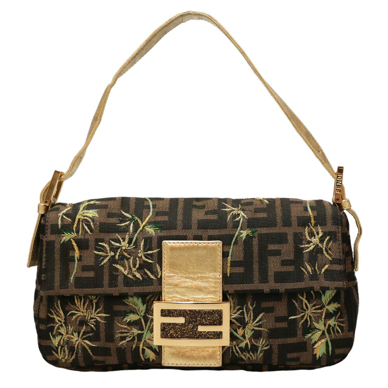 Wonderful Fendi baguette bag with monogram and flower embroidery

Condition: excellent
Made in Italy
Collection: baguette
Genre: women
Materials: Zucca toile, leather pieces
Interior: blue satin
Color: brown monogram, golden and green