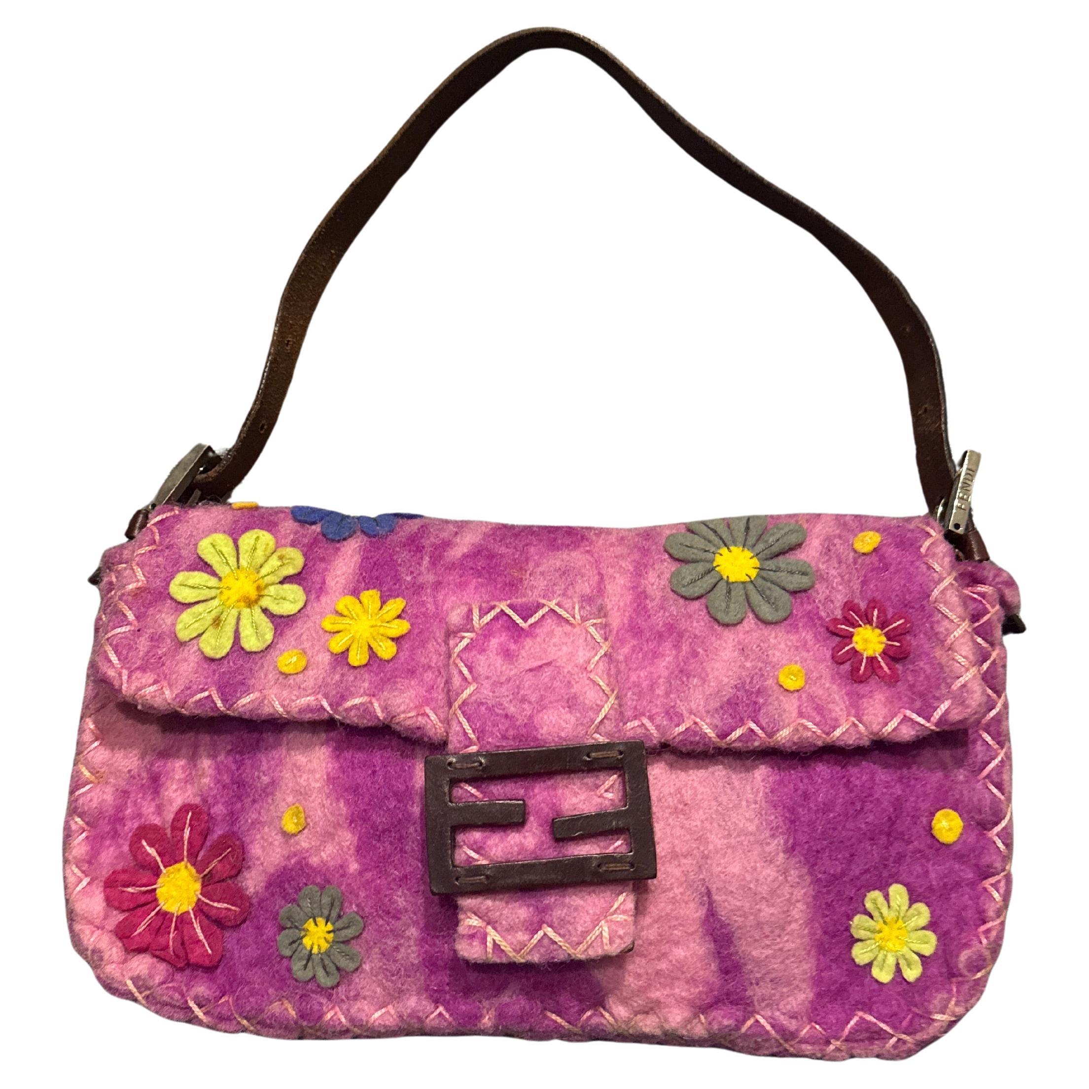 Vintage Fendi Pink Flower Applique Wool Mama Baguette Bag