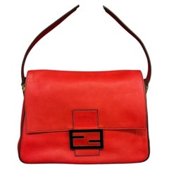 Vintage Fendi Red Leather Mama Baguette Shouldee Flap Bag