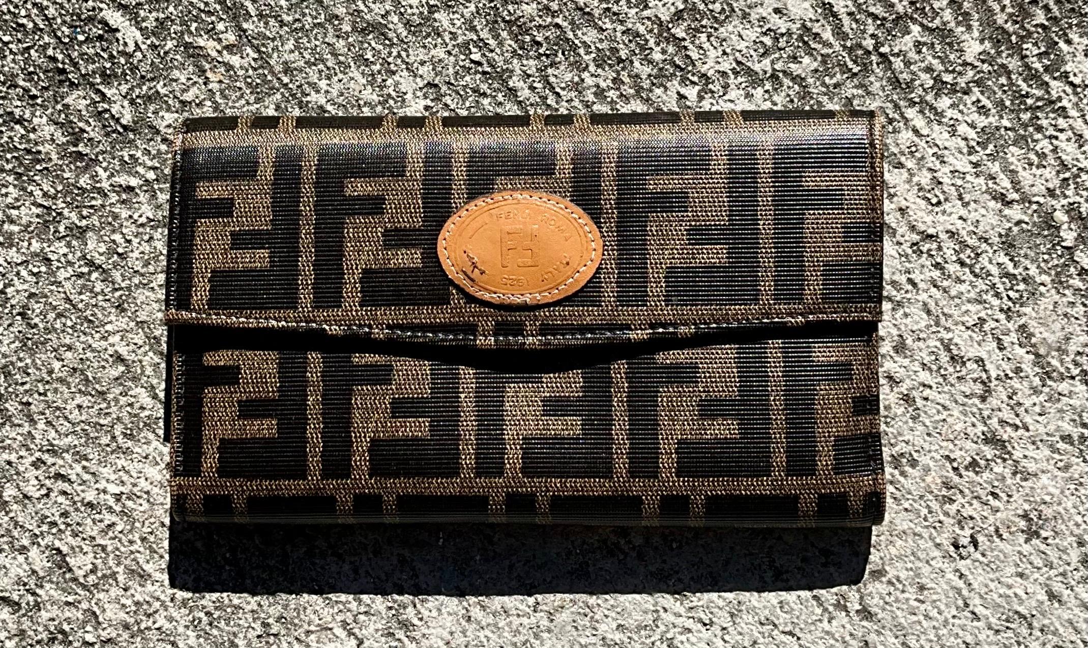 Black Vintage Fendi Trifold Canvas Leather Wallet For Sale