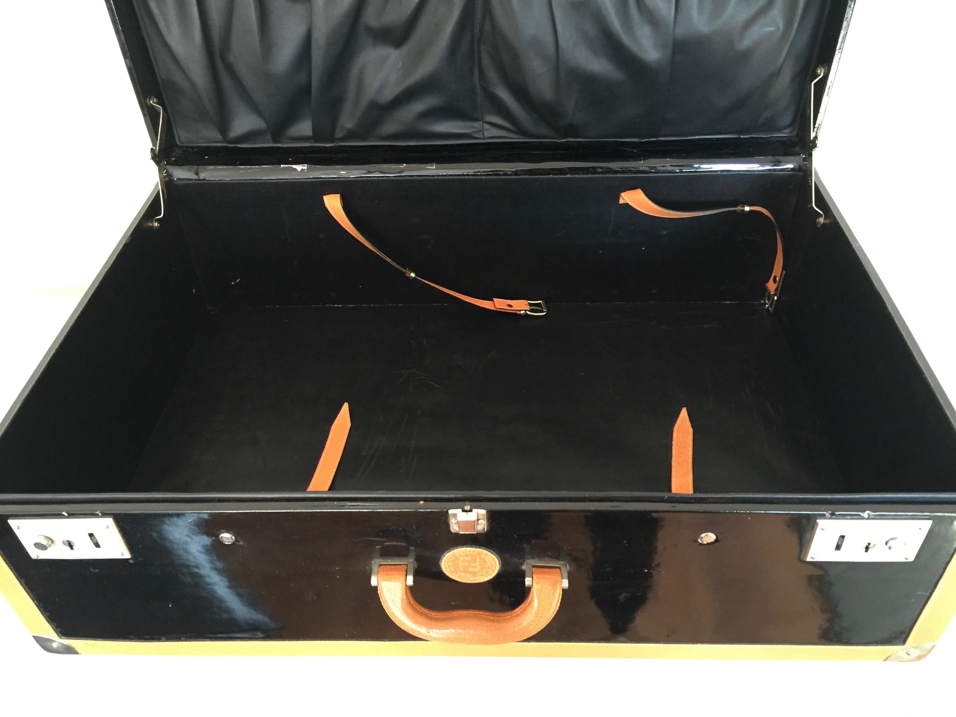 Italian Vintage Fendi Trunk Luggage with Leather Details and Glossy Black Structure For Sale