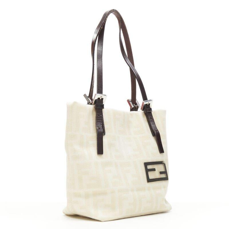 Beige Sac fourre-tout FENDI Zucca FF Monogram beige toile cuir des années 90 en vente