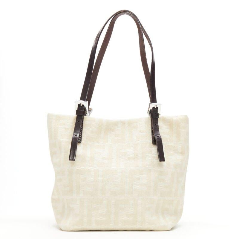 Sac fourre-tout FENDI Zucca FF Monogram beige toile cuir des années 90 Pour femmes en vente