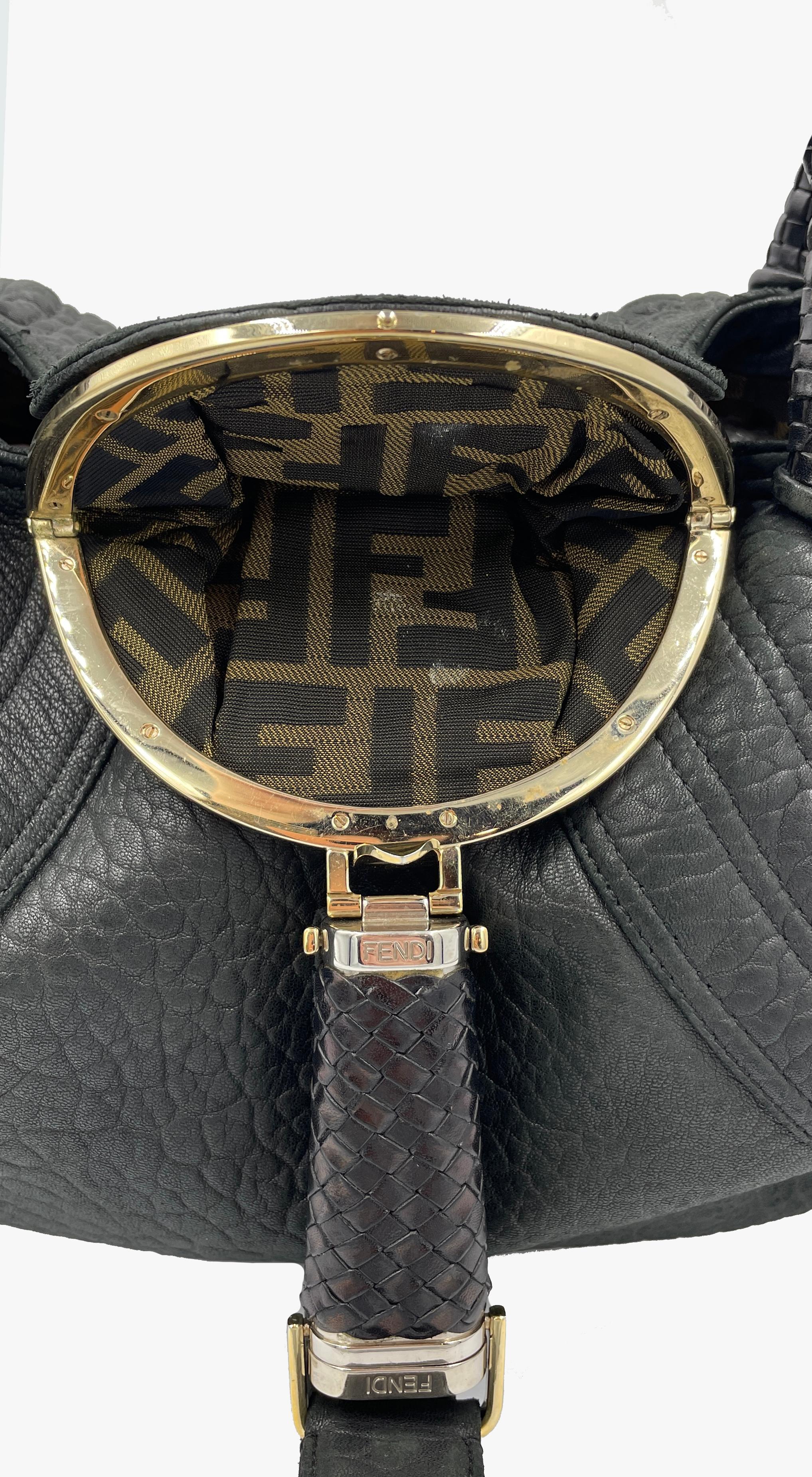 Black Vintage Fendi Zucca Spion (Spy) black leather bag, 2000s For Sale
