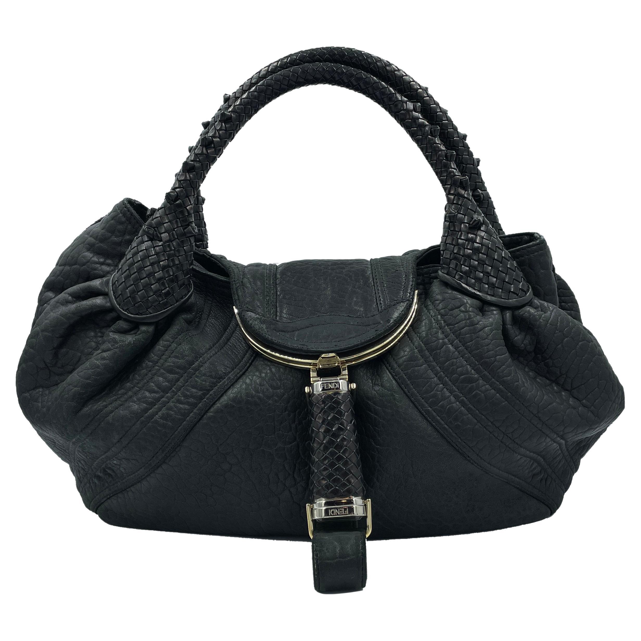 Vintage Fendi Zucca Spion (Spy) black leather bag, 2000s For Sale