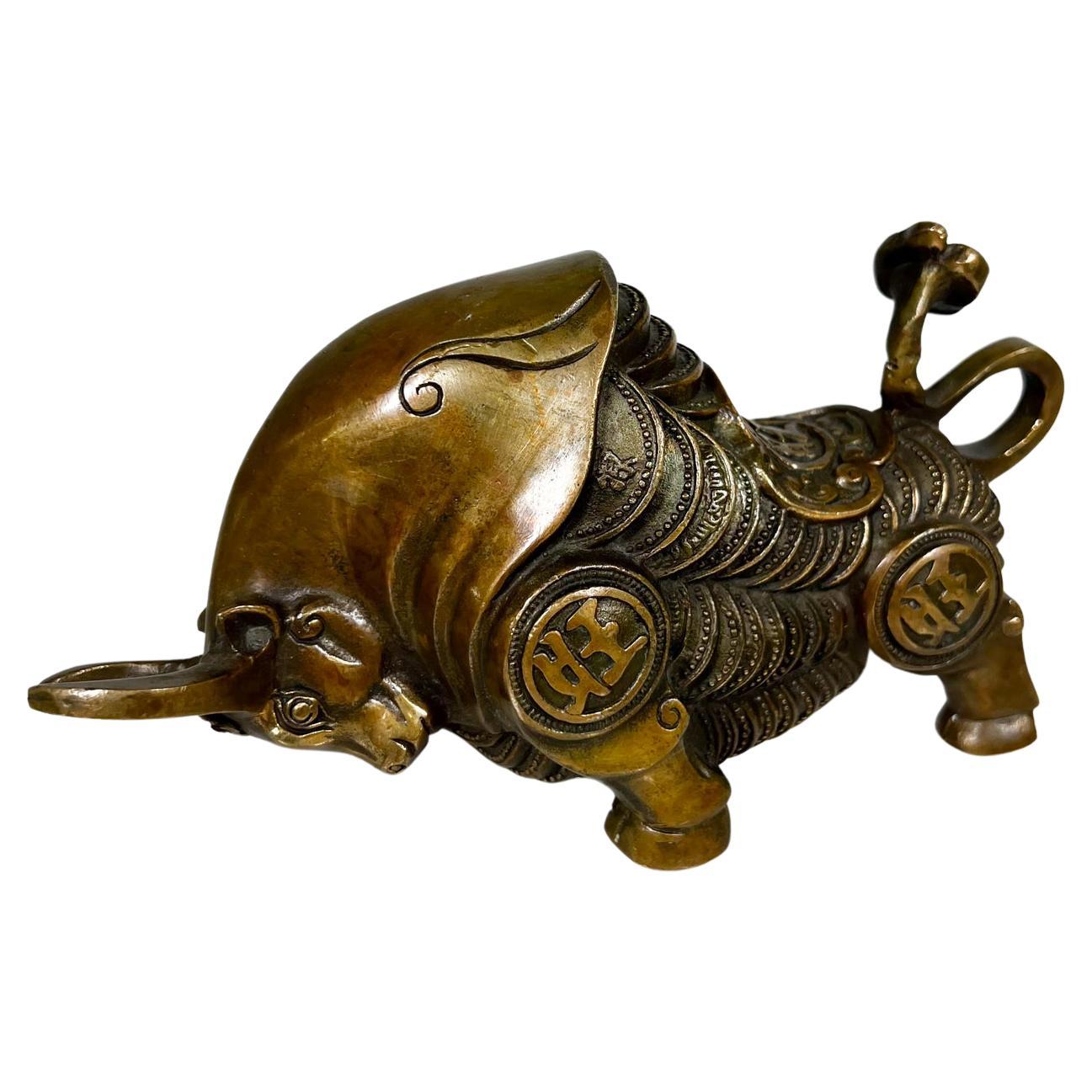 Vintage Feng Shui Gilt Bronze Bull Ox Money Figurine
