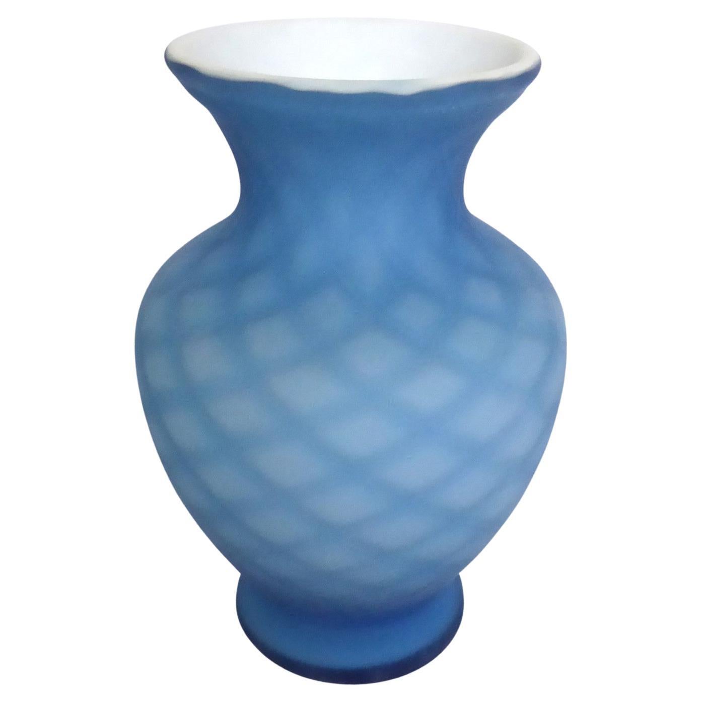  Vintage Fenton Art Glass Blue Handmade Optic Cased Satin Glass Vase 1980s