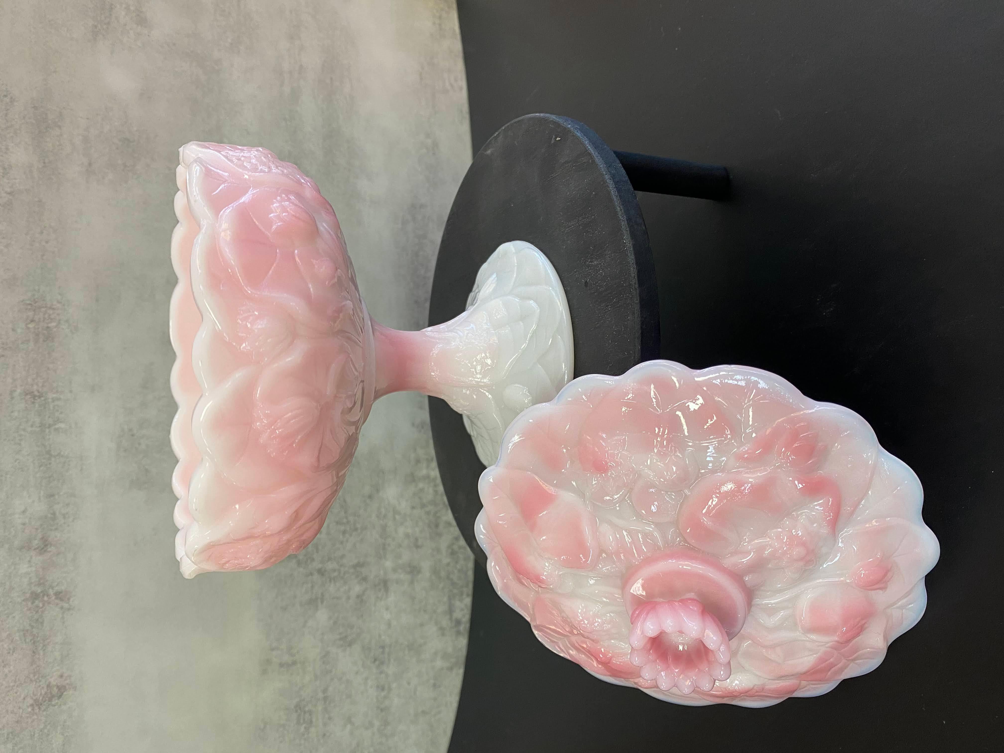 20th Century Vintage Fenton footed pink and white candy dish Roselene Water Lily