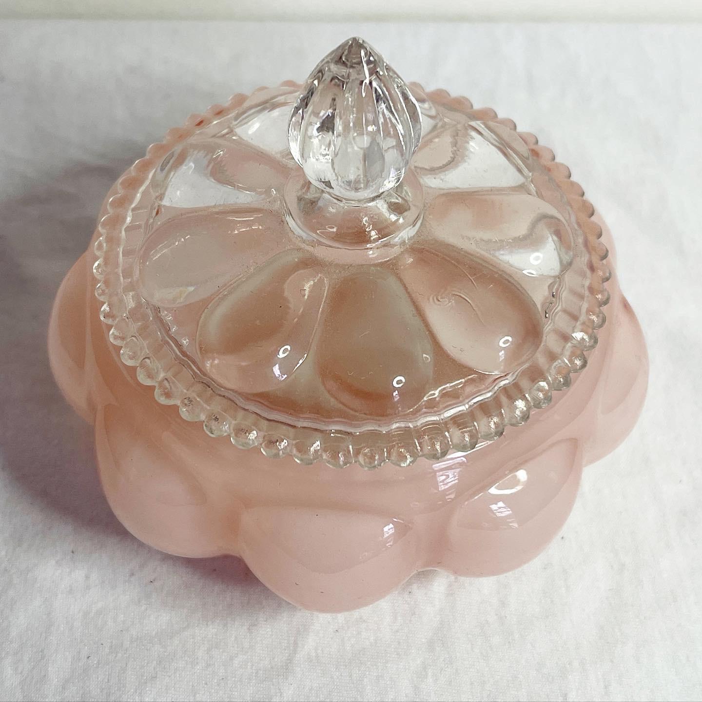 Mid-Century Modern Vintage Fenton Pink Melon Glass Perfume Bottle and Powder Jar, 2 Pieces