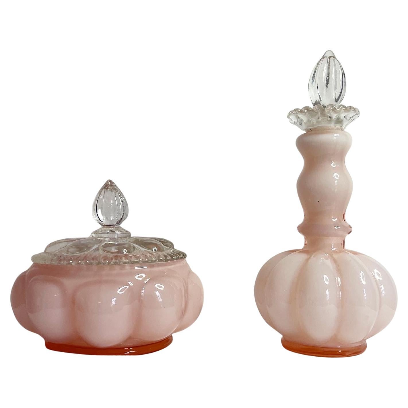 Vintage Fenton Pink Melon Glass Perfume Bottle and Powder Jar, 2 Pieces