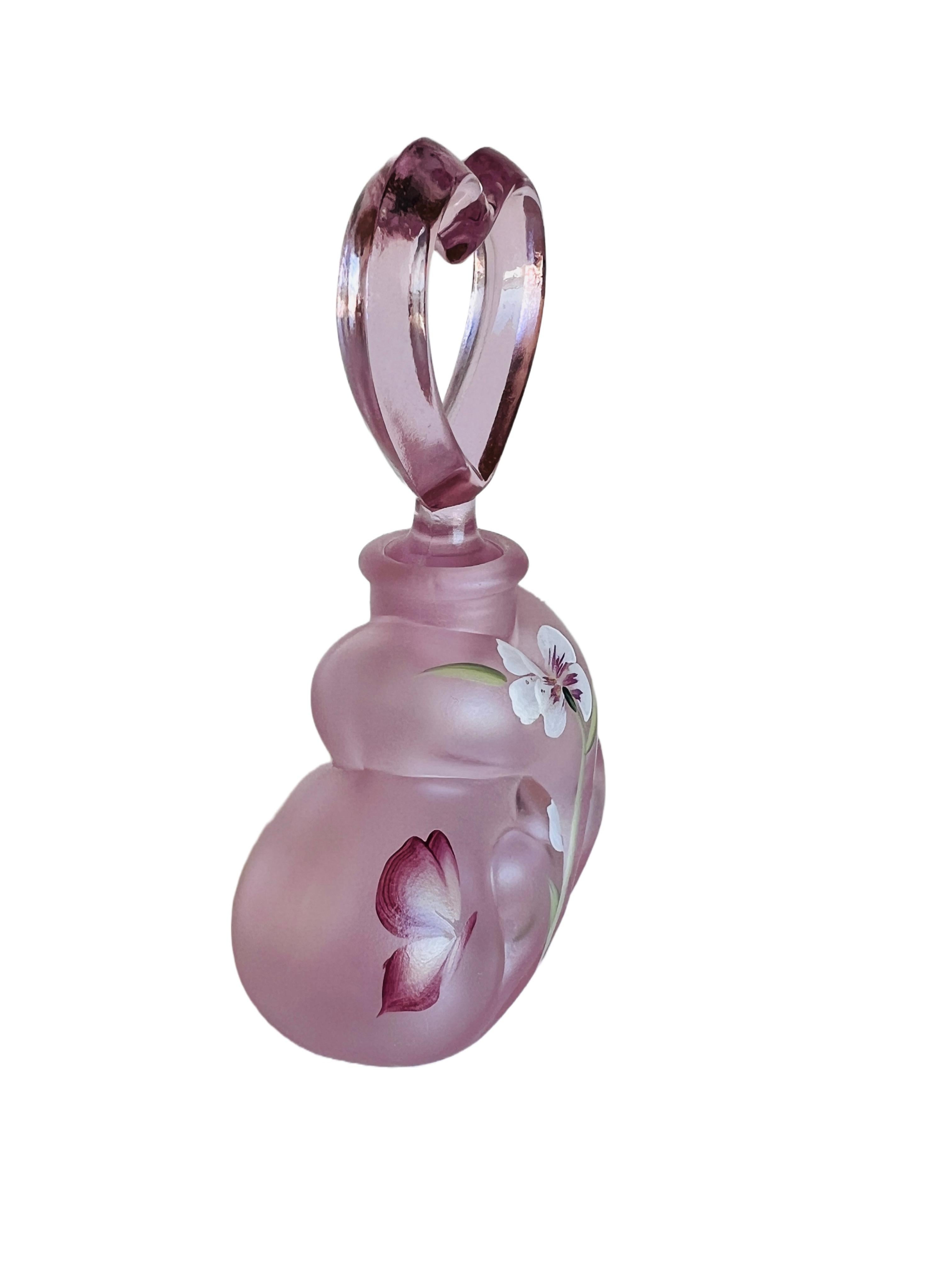 Artisan Vintage Fenton Signed Hand Painted Pink Heart Flower Art Glass Perfume Bottle  For Sale