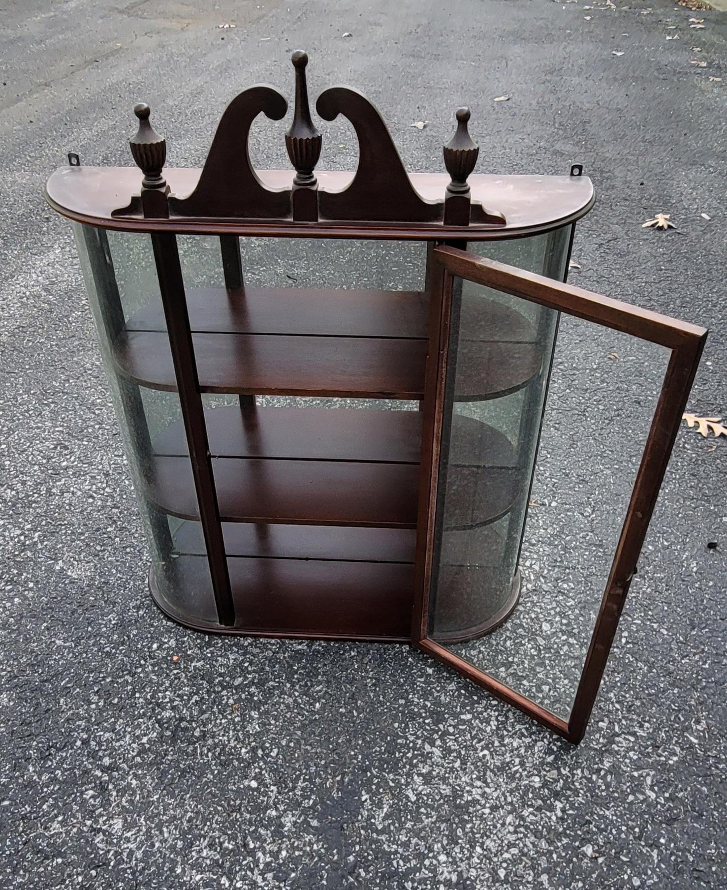 Vintage Ferguson Bros Federal Curved Glass Mahogany Wall Hanging Curio Cabinet For Sale 1