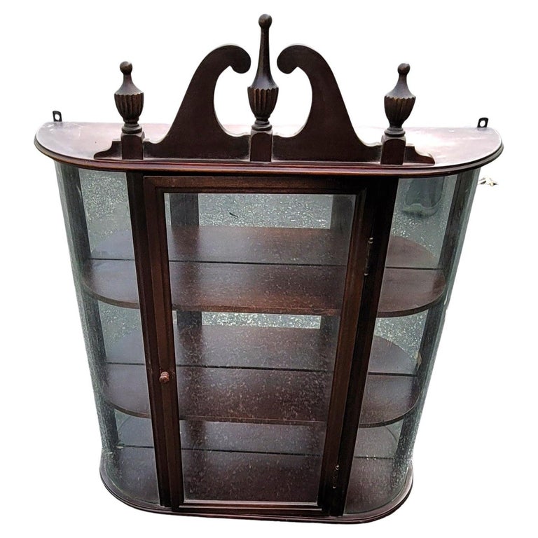 Vintage Ferguson Bros Federal Curved Glass Mahogany Wall Hanging Curio For Sale at 1stDibs