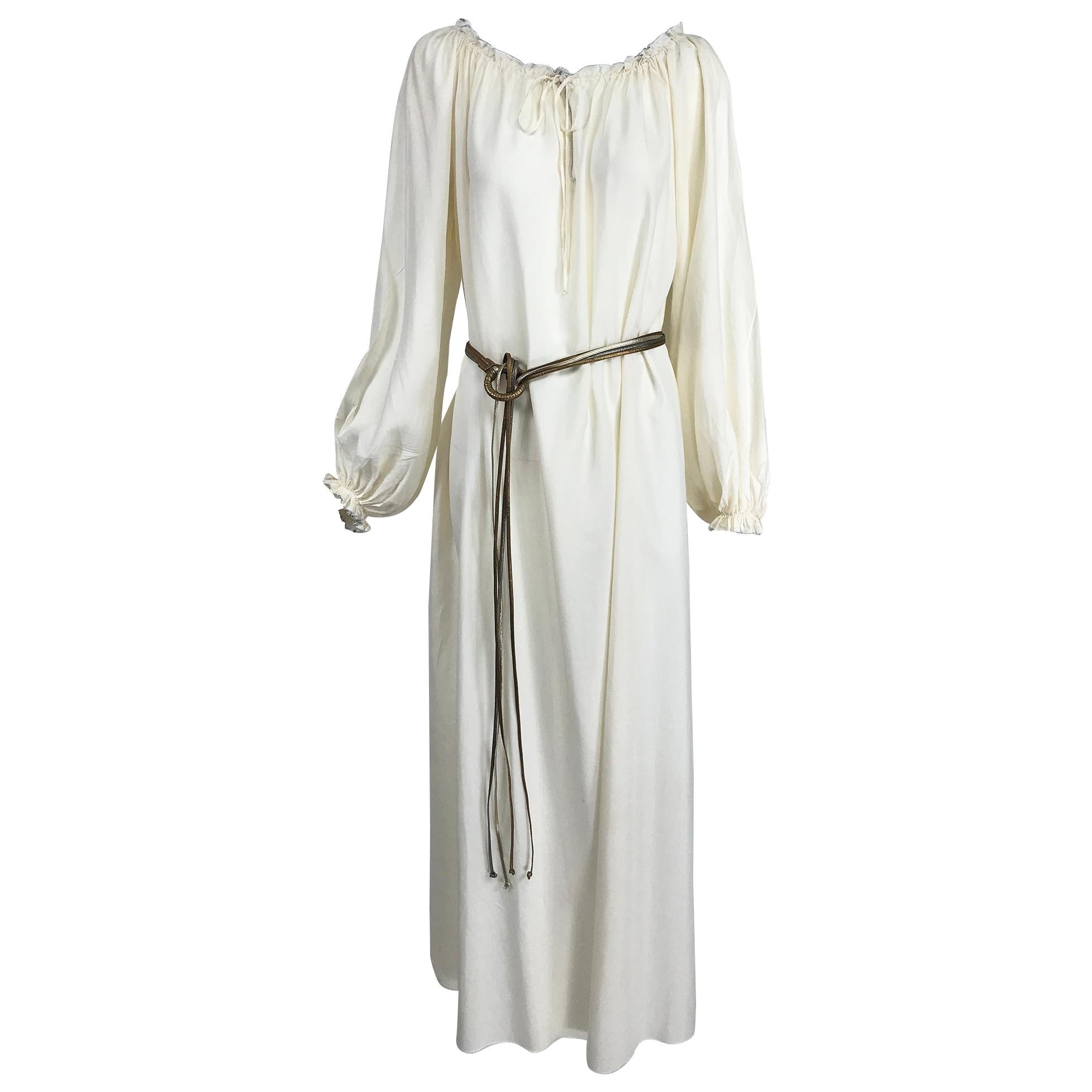 Vintage Fernando Sanchez Cream Silk Bohemian Maxi Dress 1970s For Sale