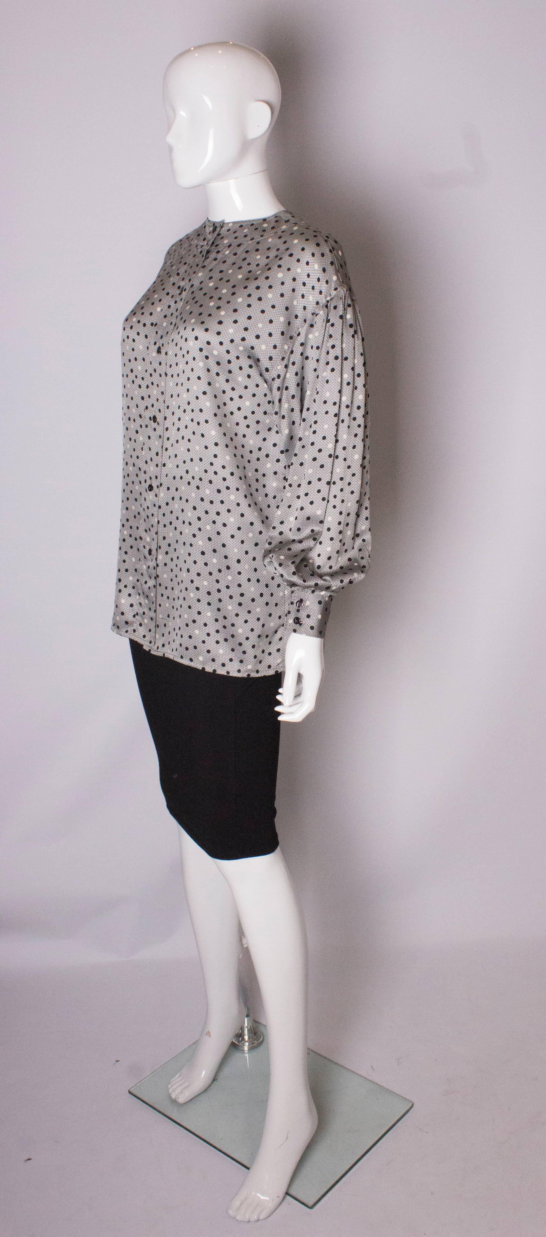 Gray Vintage Ferragamo  Grey Spot Silk Blouse For Sale