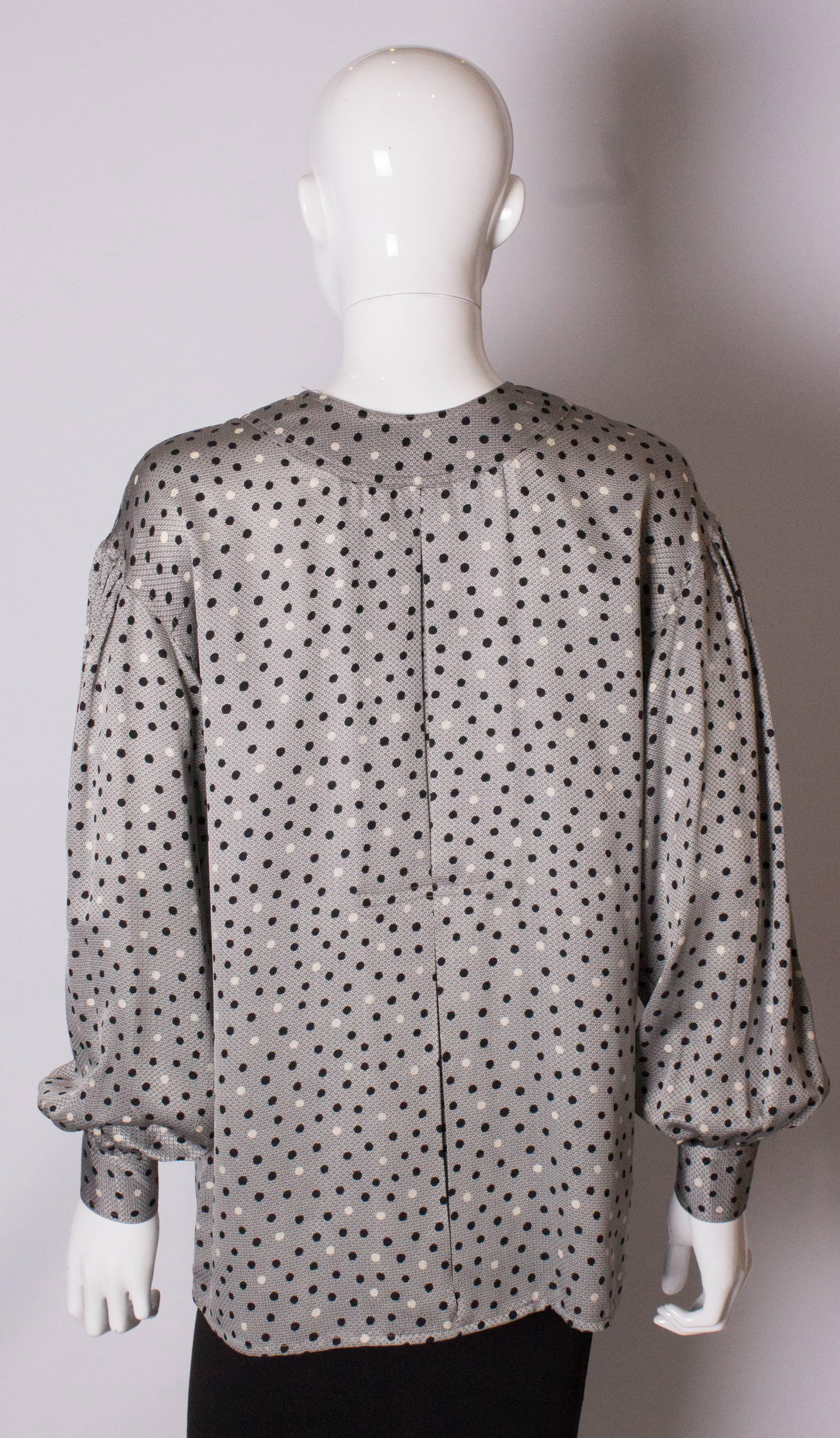 Vintage Ferragamo  Grey Spot Silk Blouse For Sale 1