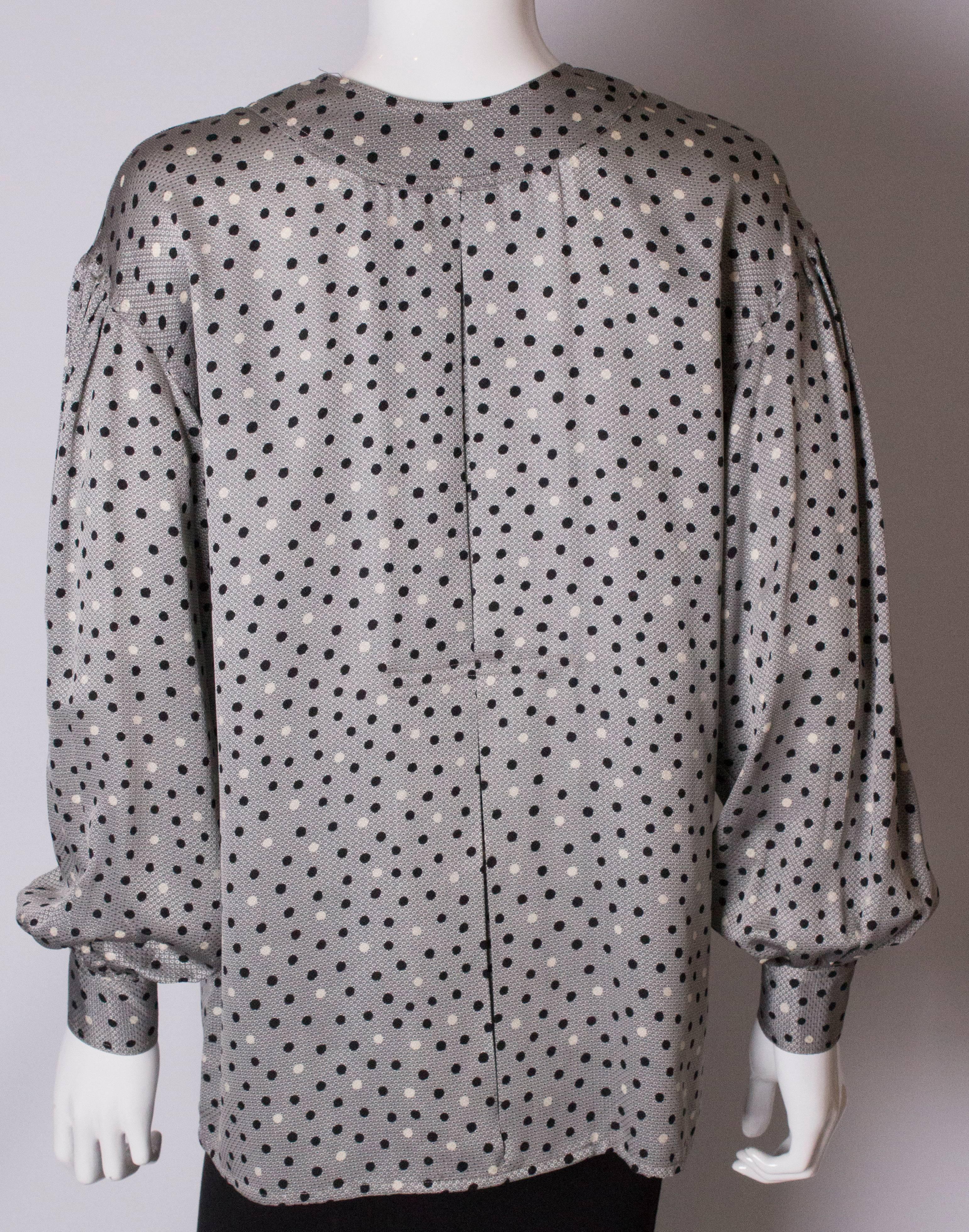 Vintage Ferragamo  Grey Spot Silk Blouse For Sale 2