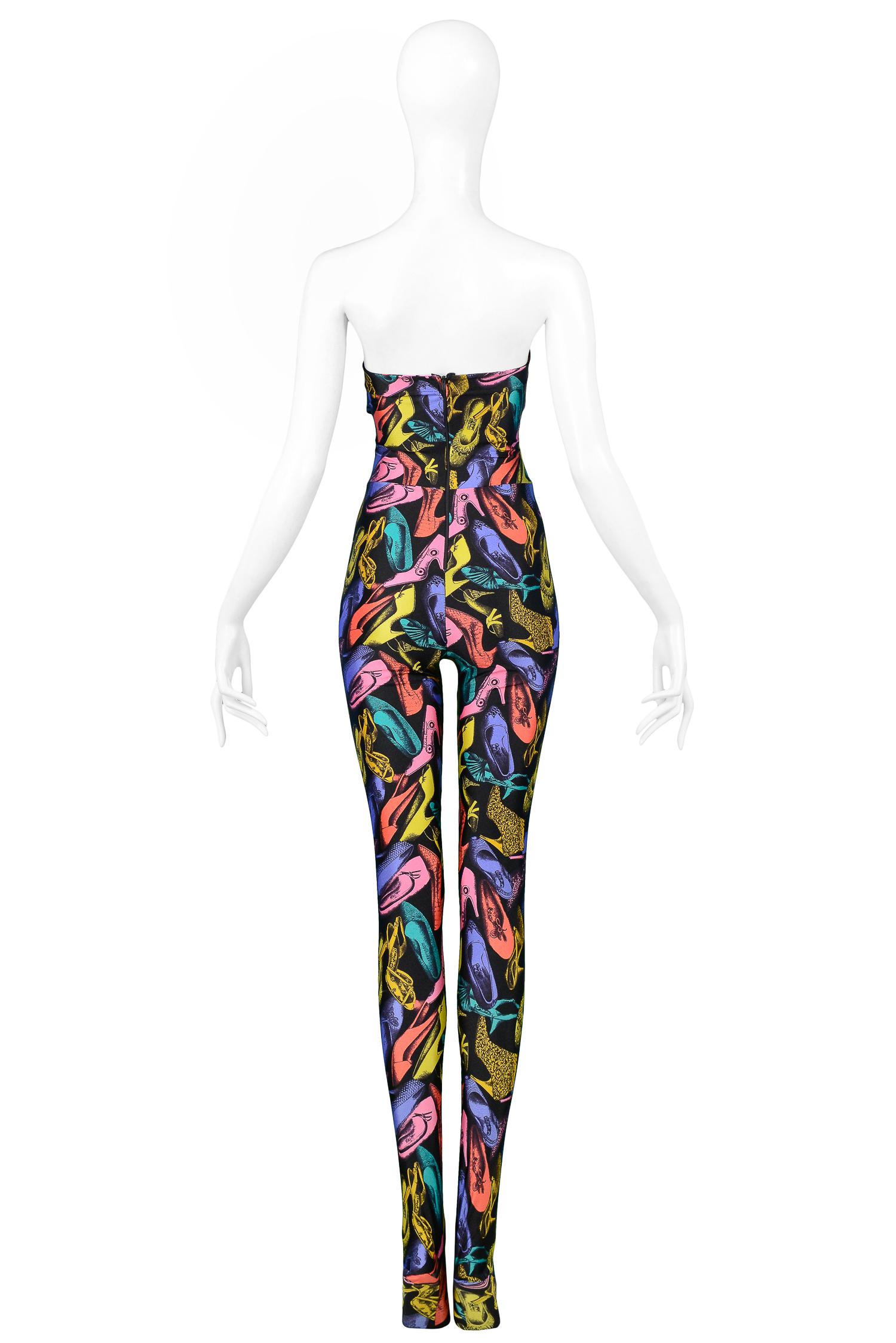 Black Vintage Ferragamo Multicolor Shoe Print Jumpsuit & Jacket Ensemble 1991