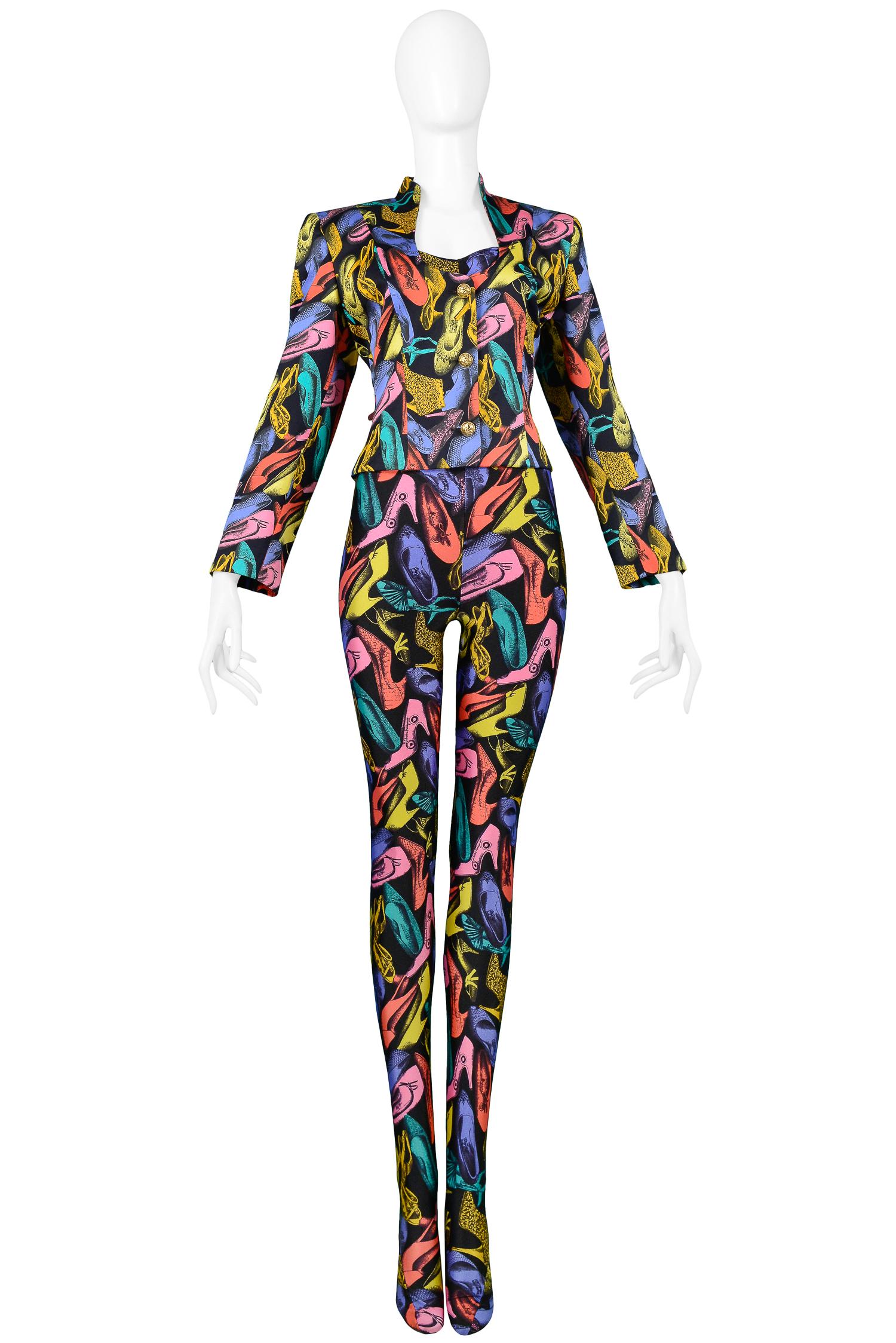 Vintage Ferragamo Multicolor Shoe Print Jumpsuit & Jacket Ensemble 1991 In Excellent Condition In Los Angeles, CA