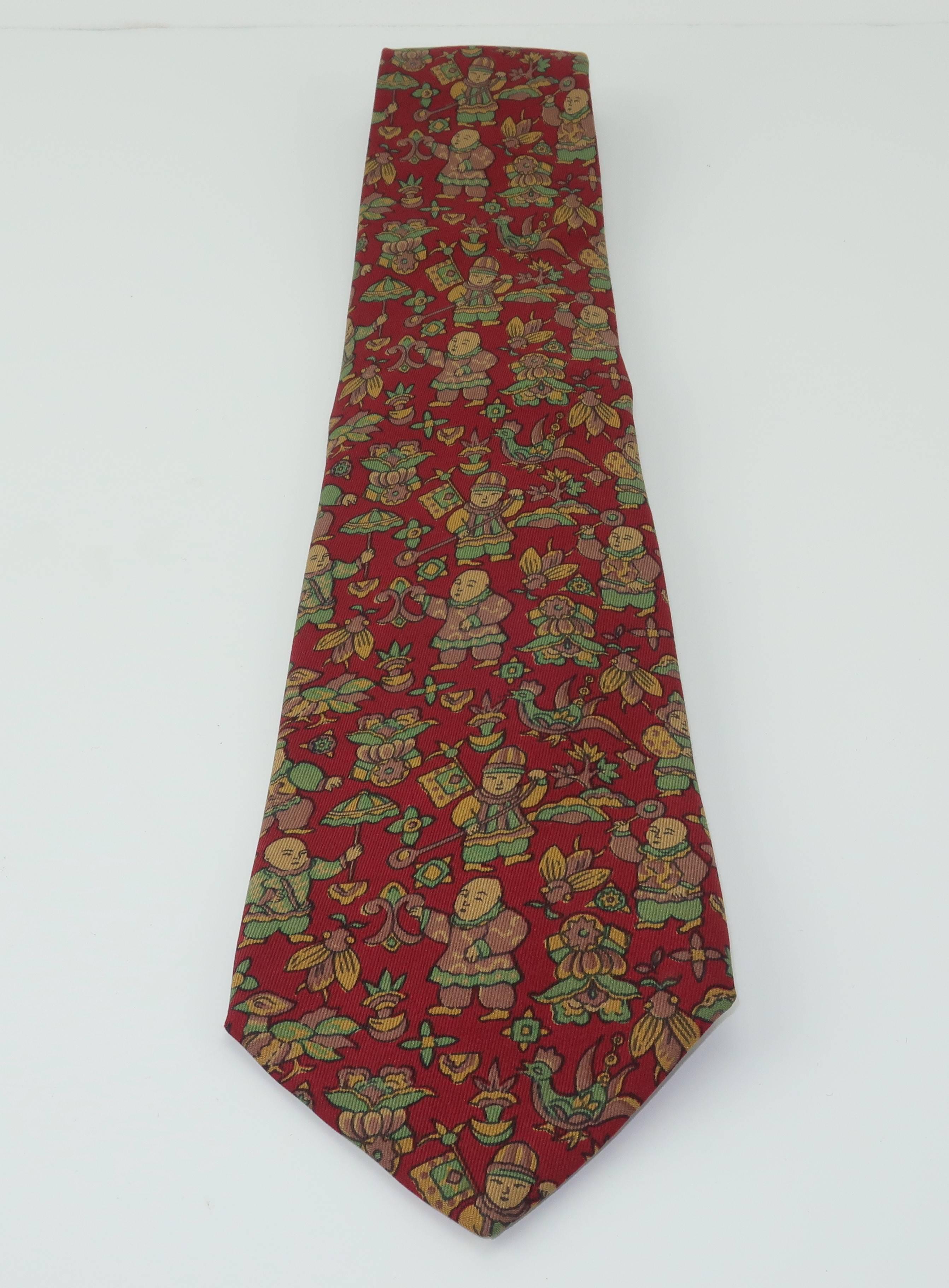Brown Vintage Ferragamo Silk Men’s Necktie With Asian Motif