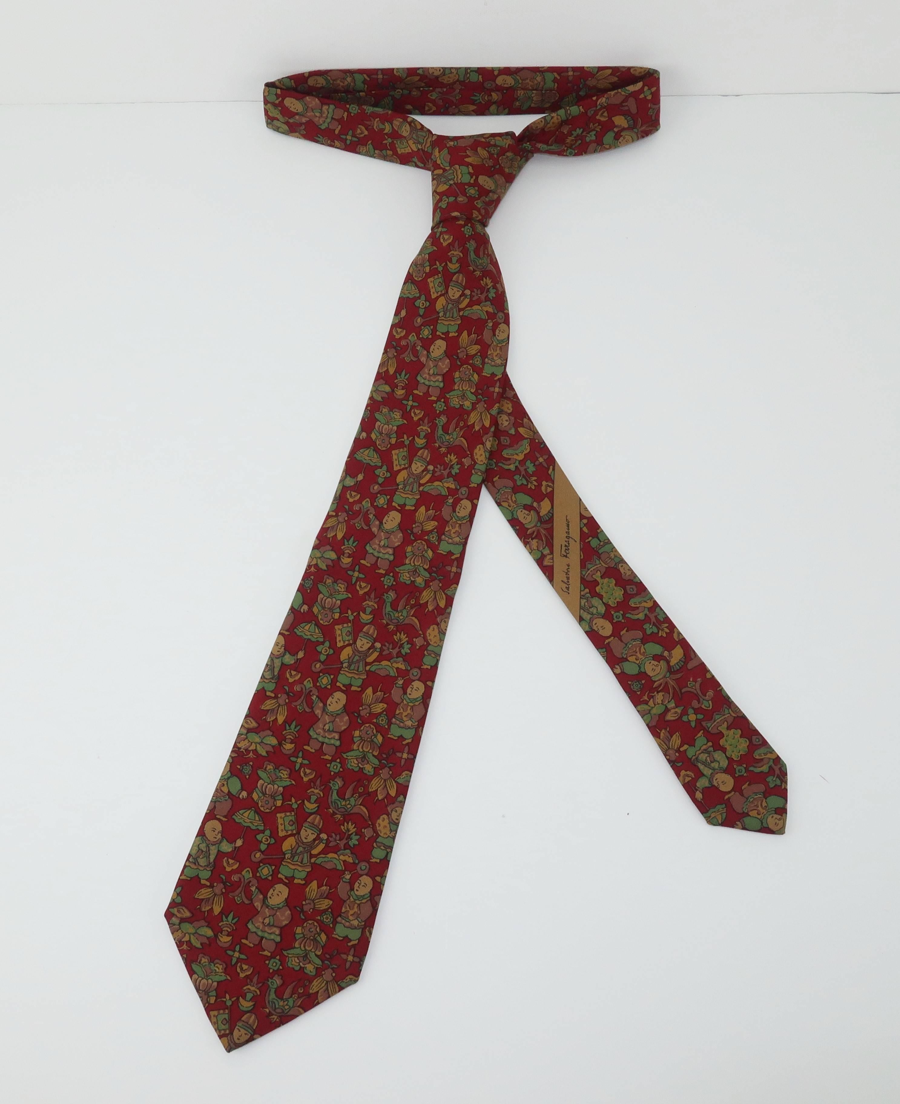 Men's Vintage Ferragamo Silk Men’s Necktie With Asian Motif