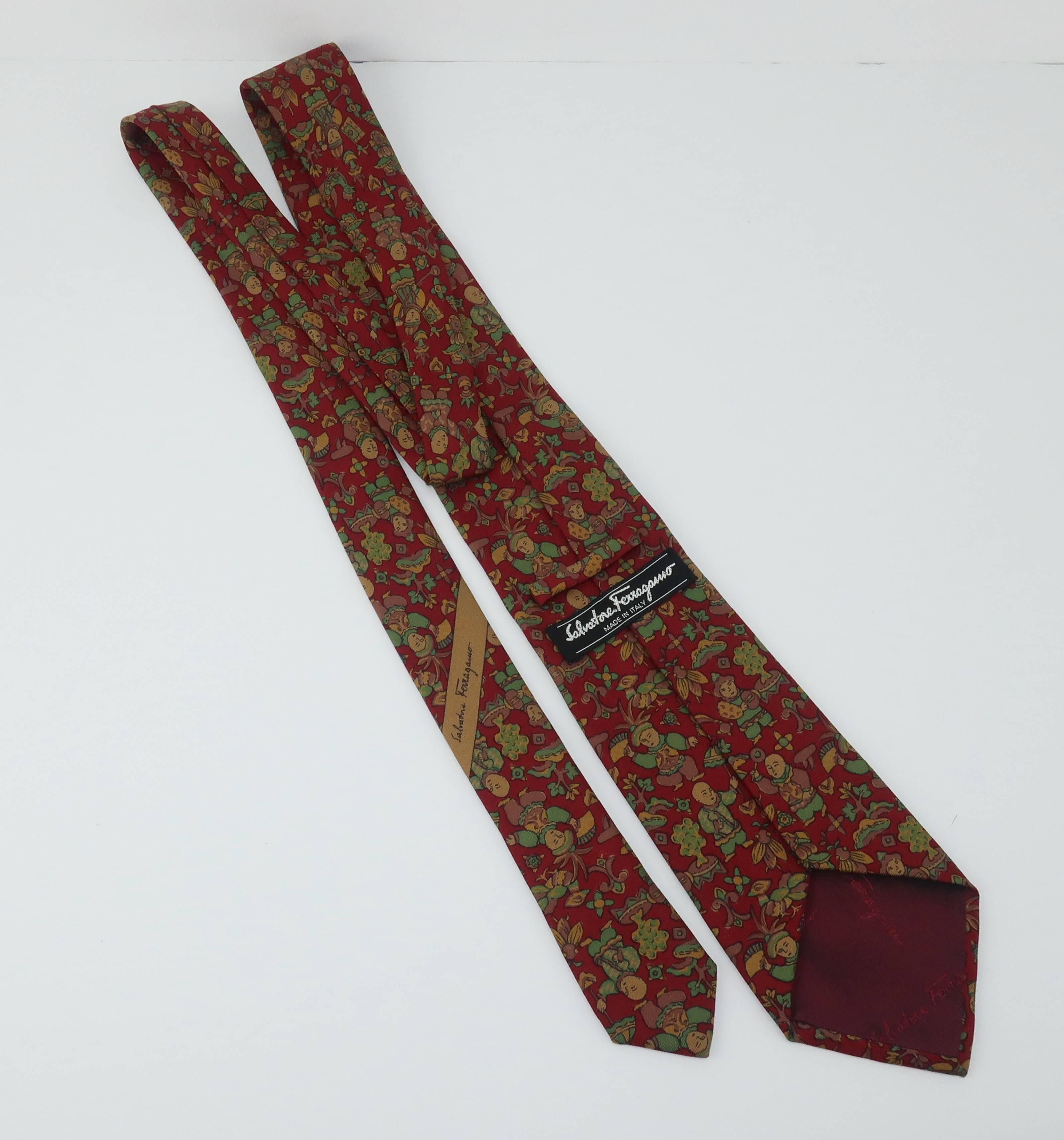 Vintage Ferragamo Silk Men’s Necktie With Asian Motif 1