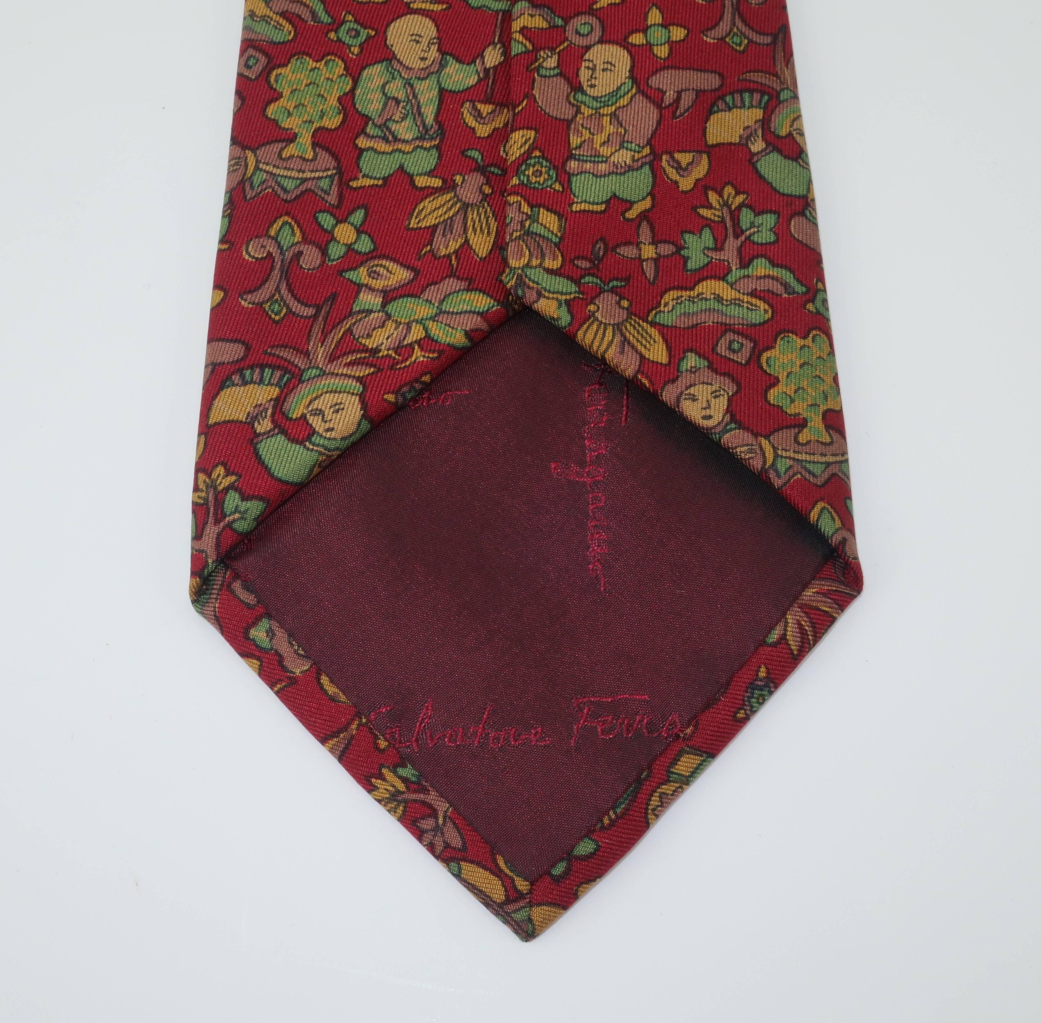 Vintage Ferragamo Silk Men’s Necktie With Asian Motif 3