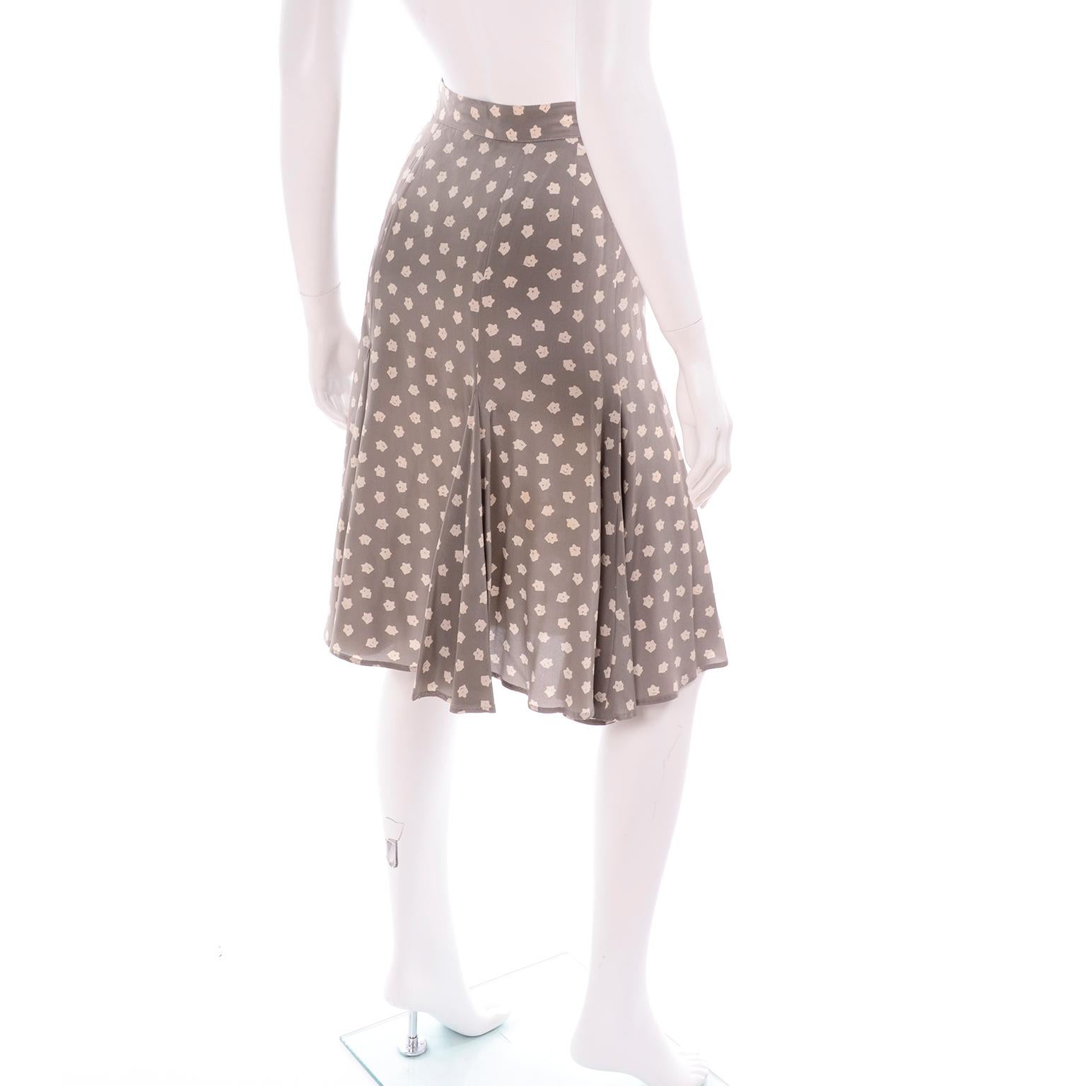 Gray Vintage Ferragamo Silk Pleated Tan and Cream Floral Print Skirt For Sale