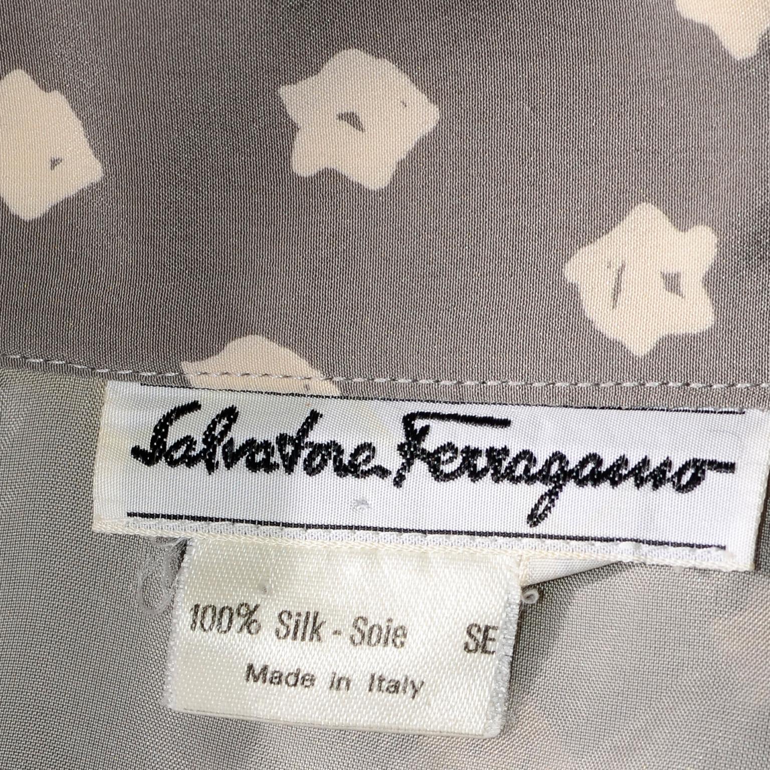 Vintage Ferragamo Silk Pleated Tan and Cream Floral Print Skirt For Sale 1
