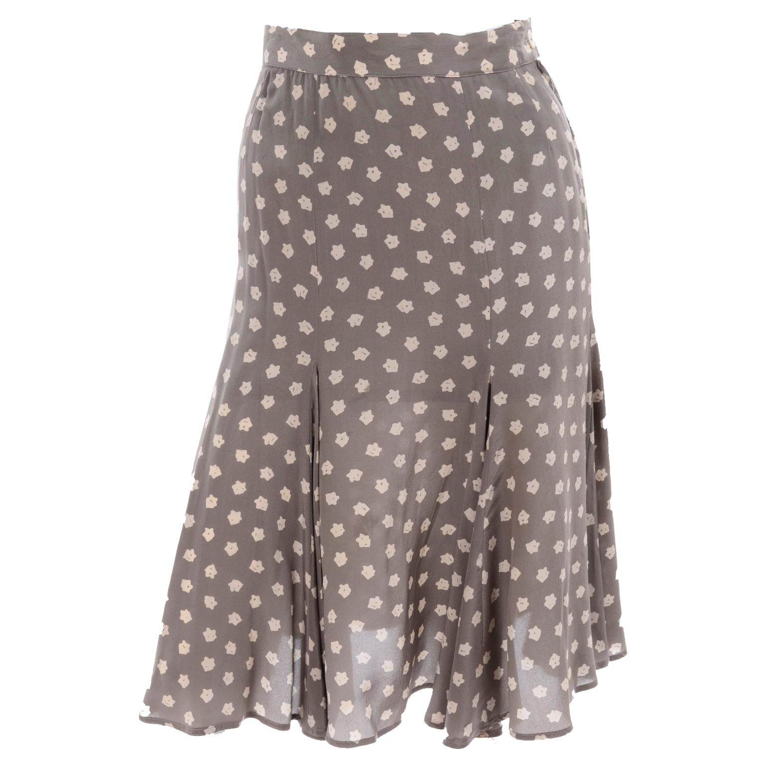 Vintage Ferragamo Silk Pleated Tan and Cream Floral Print Skirt