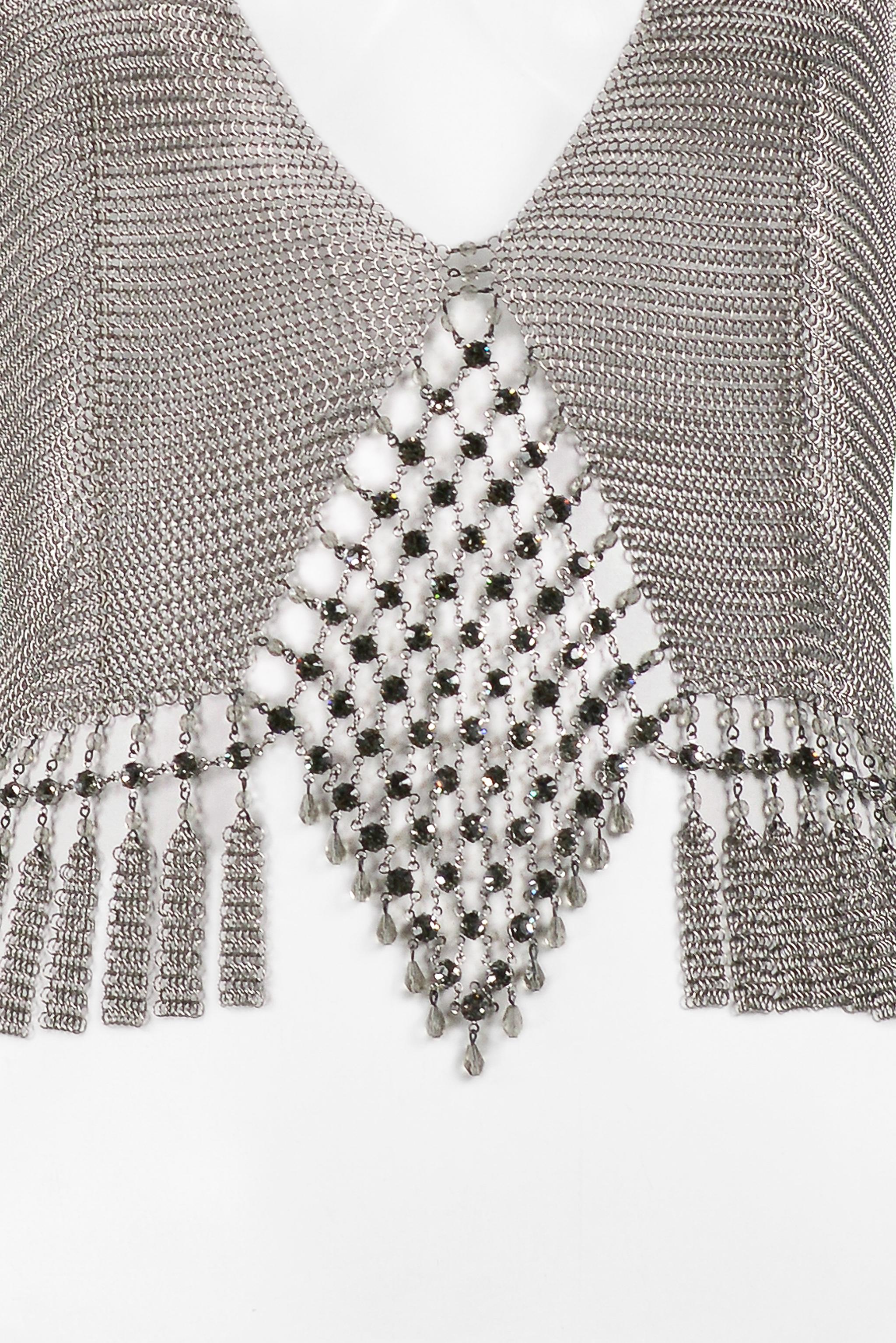 Gray Vintage Ferrara Chainmail Metal Disco Halter Top with Rhinestone Diamond Front