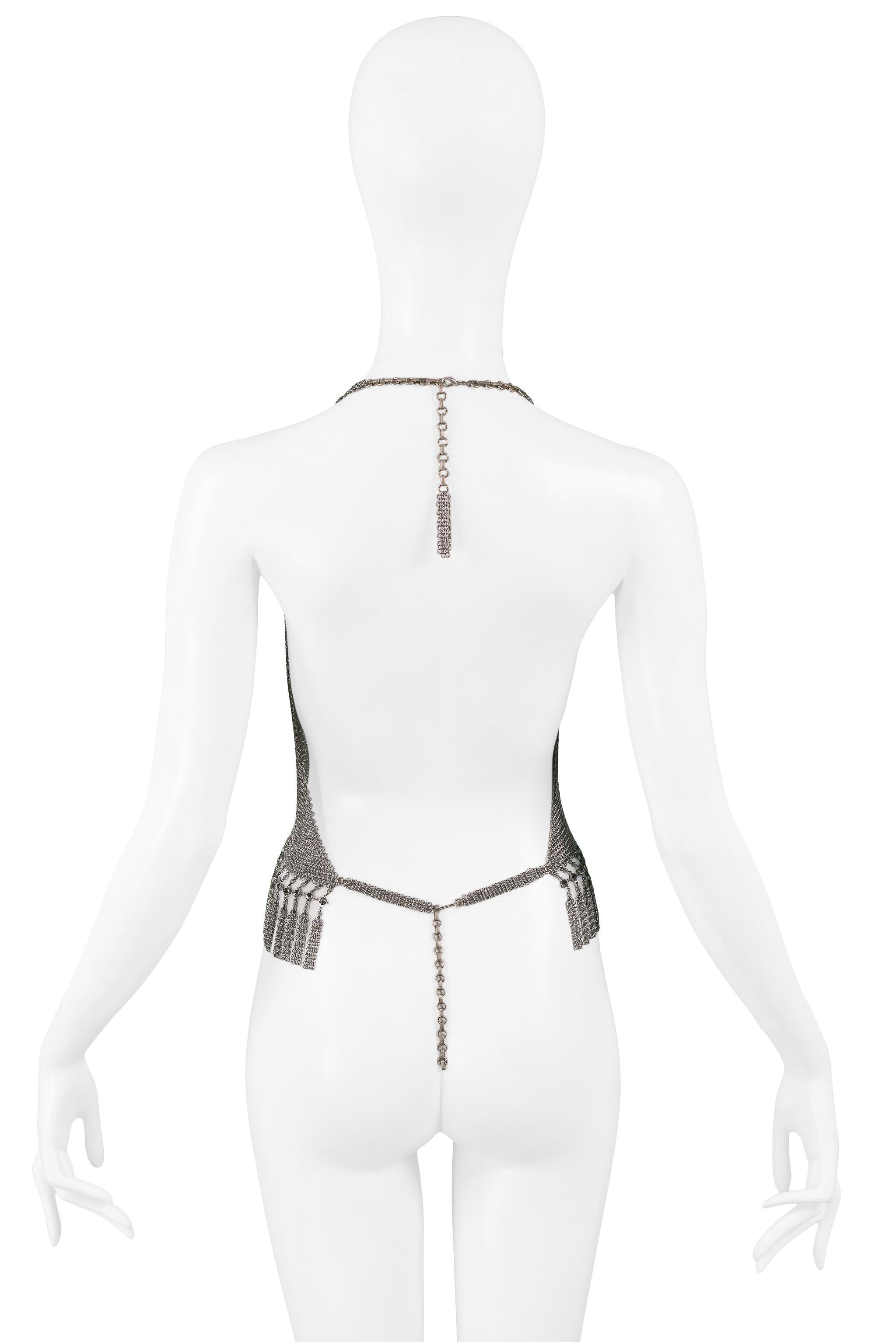 Vintage Ferrara Chainmail Metal Disco Halter Top with Rhinestone Diamond Front In Excellent Condition In Los Angeles, CA