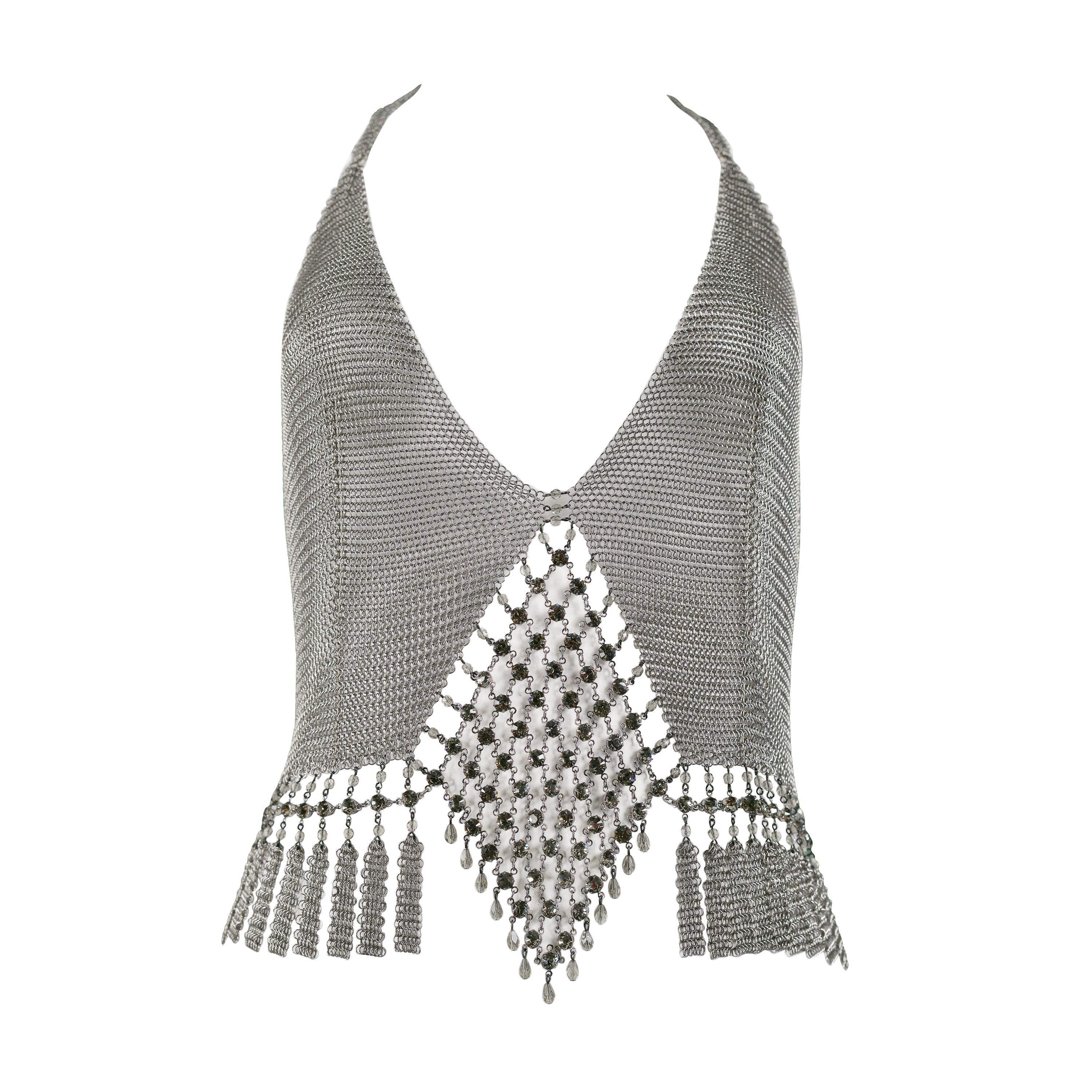 Vintage Ferrara Chainmail Metal Disco Halter Top with Rhinestone Diamond Front