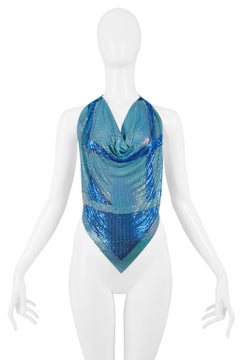 Vintage Ferrara Turquoise Chainmail Metal Cubist Disco Halter Top
