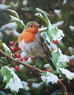 Vintage Festive Snow Oil Painting on Board by Steve Burgess Mid Century Modern