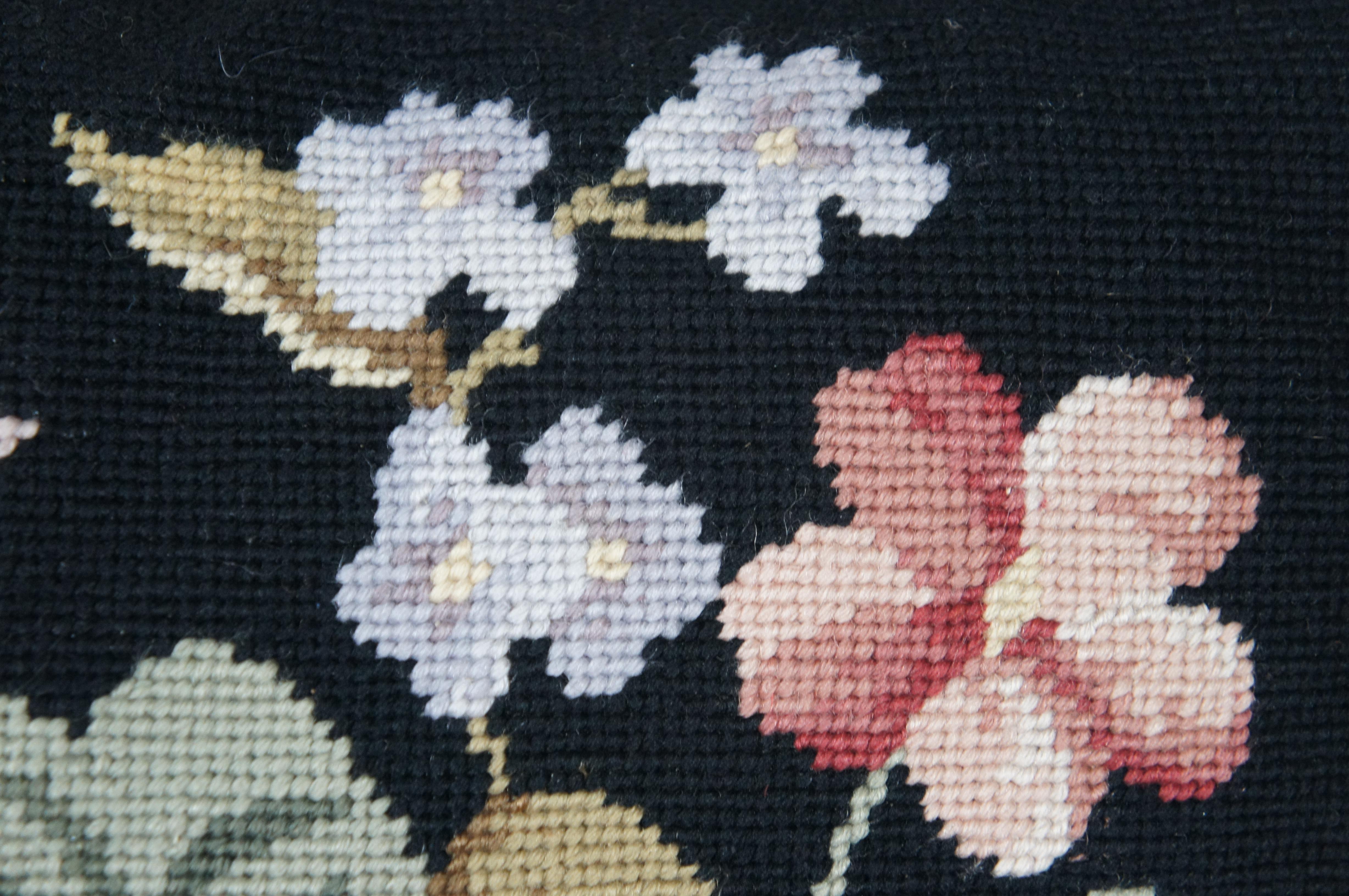 20th Century Vintage Fiber Fill Black Floral Needlepoint Tapestry Throw Pillow Velvet 17
