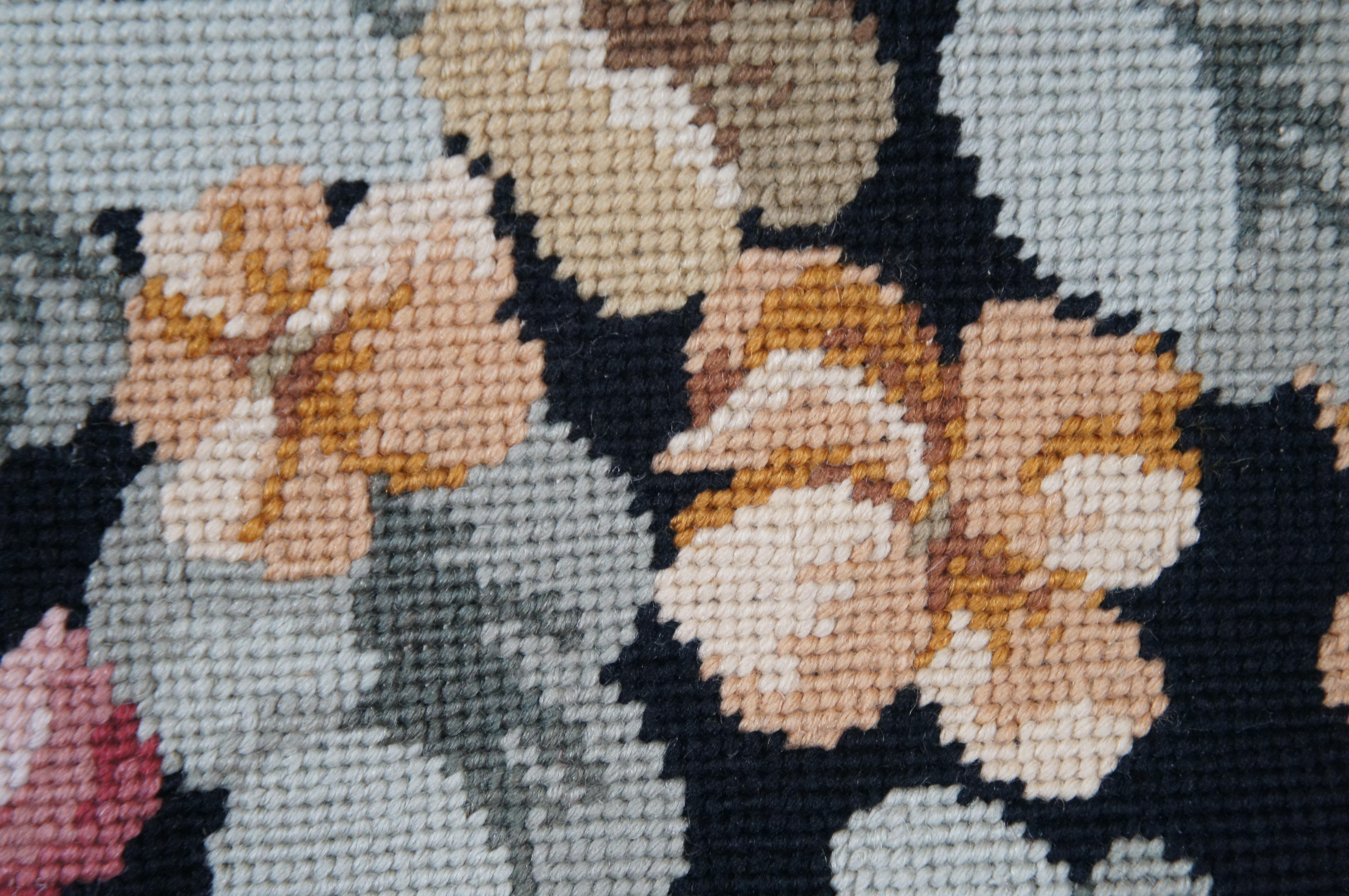 Vintage Fiber Fill Black Floral Needlepoint Tapestry Throw Pillow Velvet 17