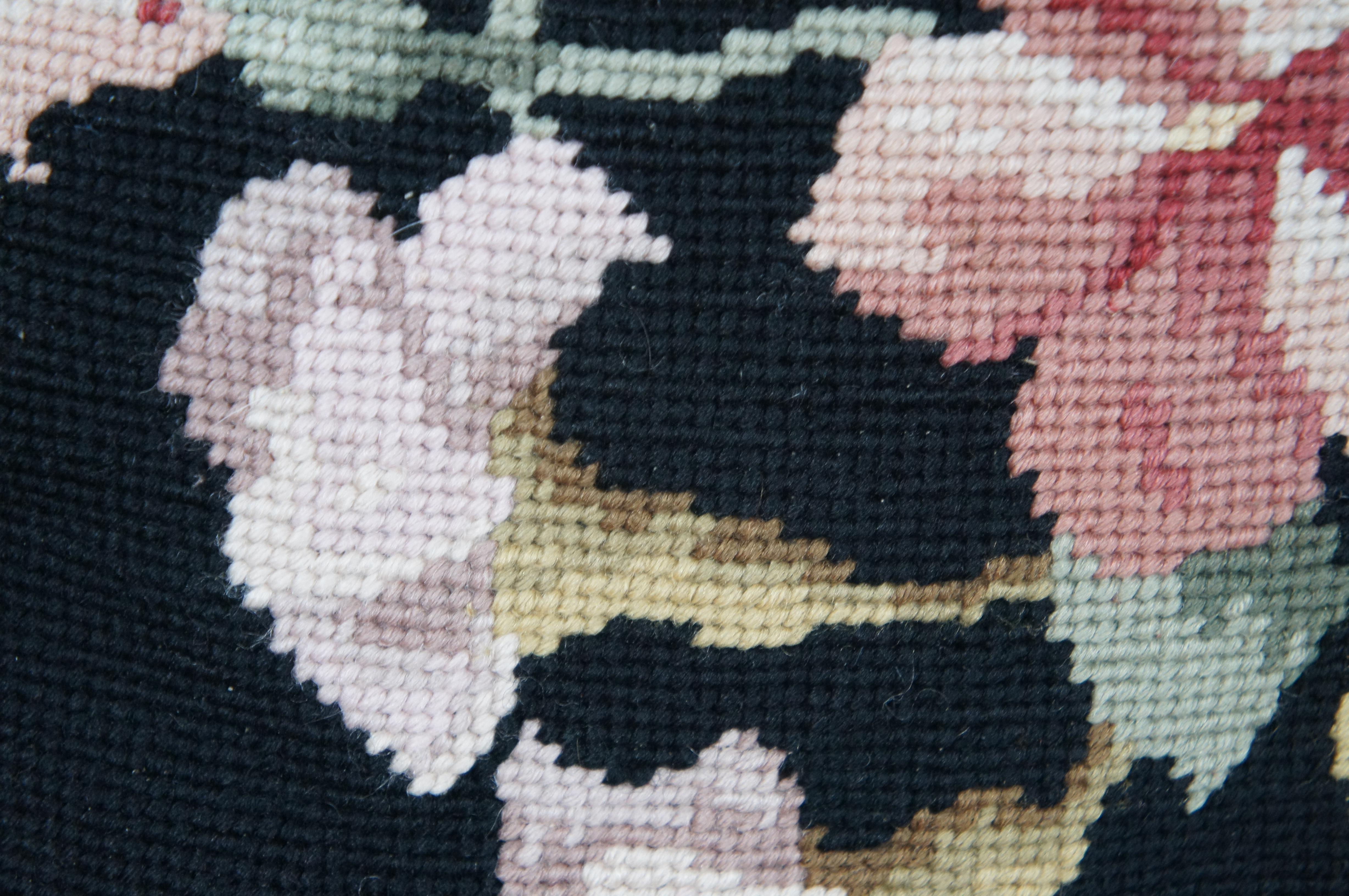 Vintage Fiber Fill Black Floral Needlepoint Tapestry Throw Pillow Velvet 17