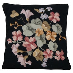 Vintage Fiber Fill Black Floral Needlepoint Tapestry Throw Pillow Velvet 17"