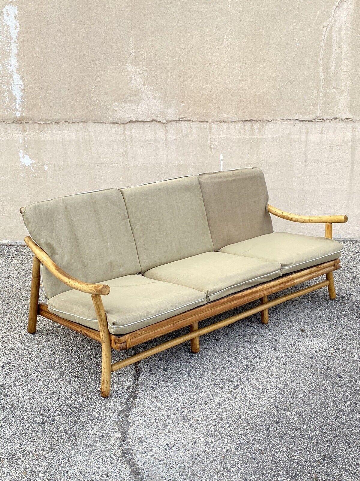 Hollywood Regency Vintage Ficks Reed Bamboo Rattan Tiki Sofa Set with Lounge Chairs - 3 Pc Set For Sale