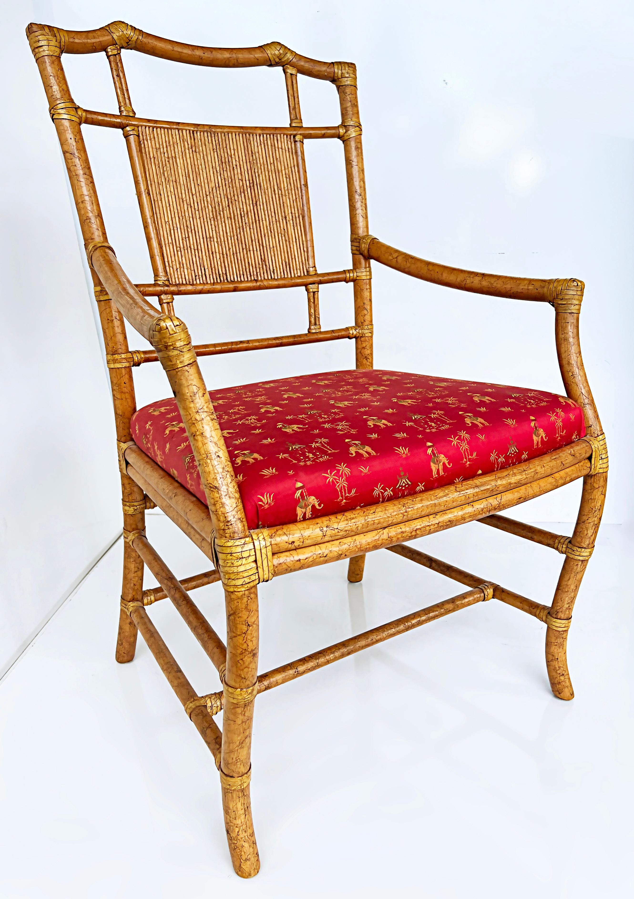 American Vintage Ficks Reed Chinoiserie Rattan Dining Chairs, Set of 6 For Sale