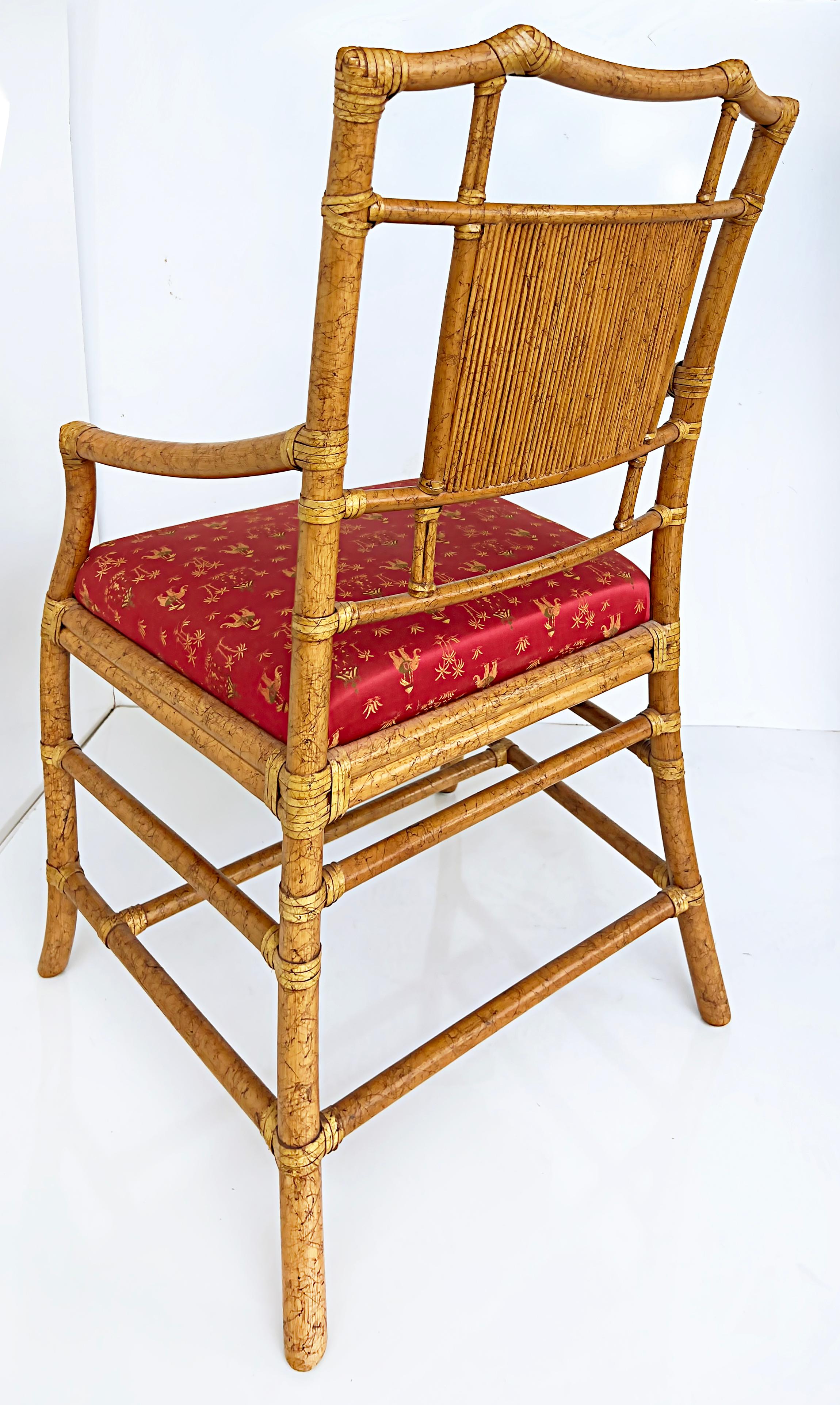 Patinated Vintage Ficks Reed Chinoiserie Rattan Dining Chairs, Set of 6 For Sale