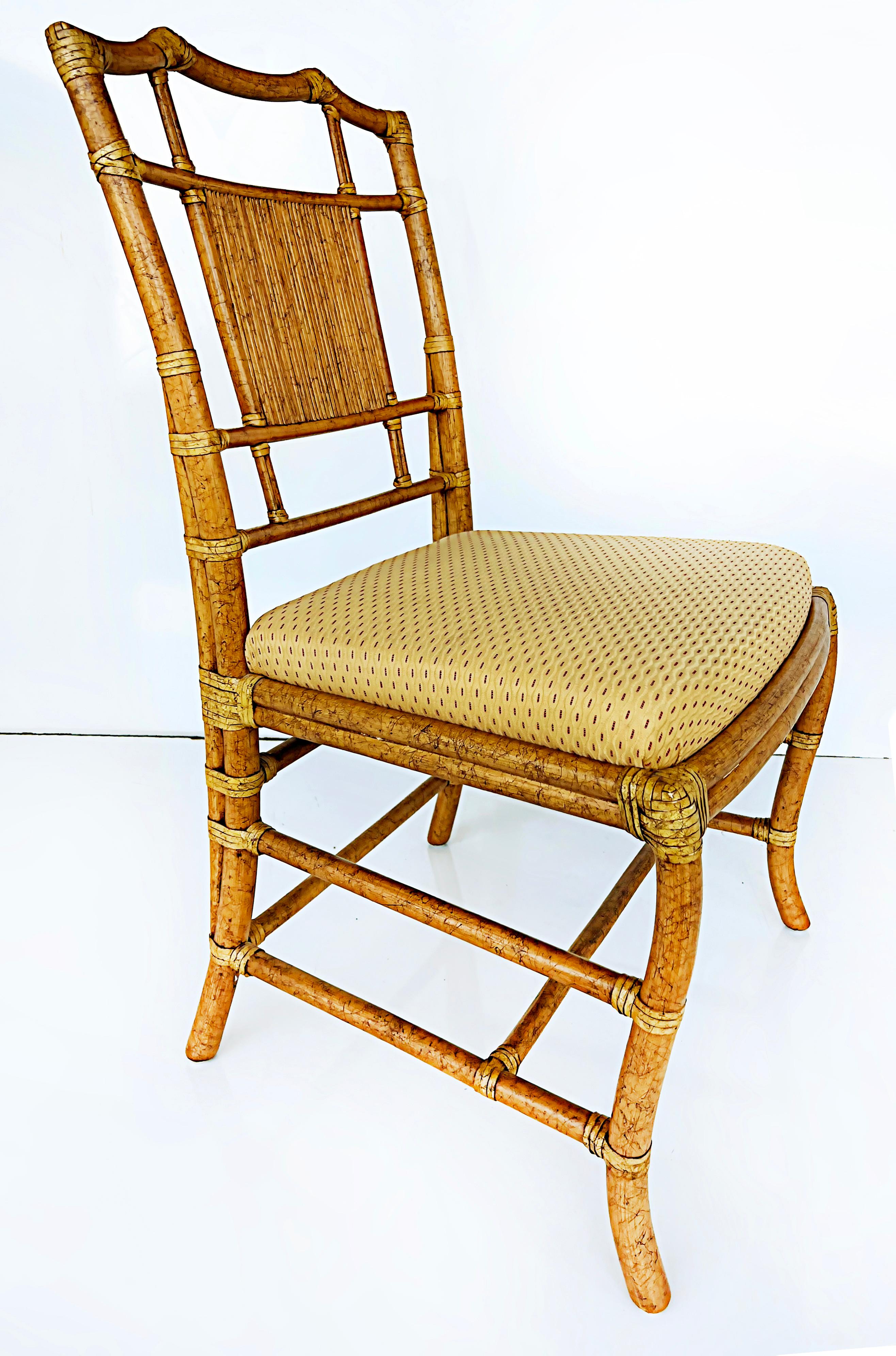 Leather Vintage Ficks Reed Chinoiserie Rattan Dining Chairs, Set of 6 For Sale