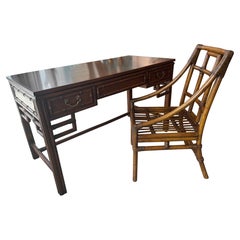 Vintage Ficks Reed Faux Bamboo Rattan Chinese Chippendale Desk & Chair 3 Drawers