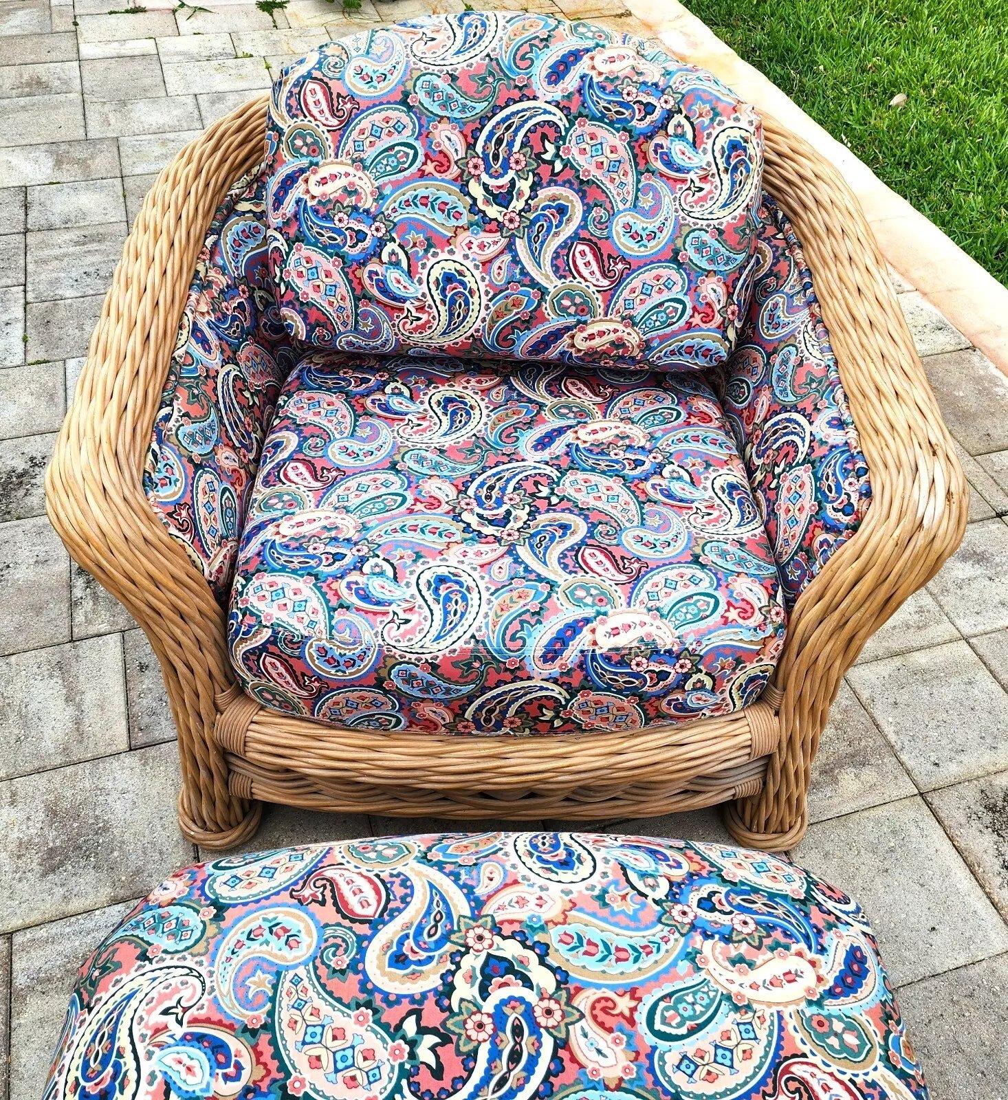 Mid-Century moderno Poltrona e ottomana in rattan Ficks Reed d'epoca in vendita