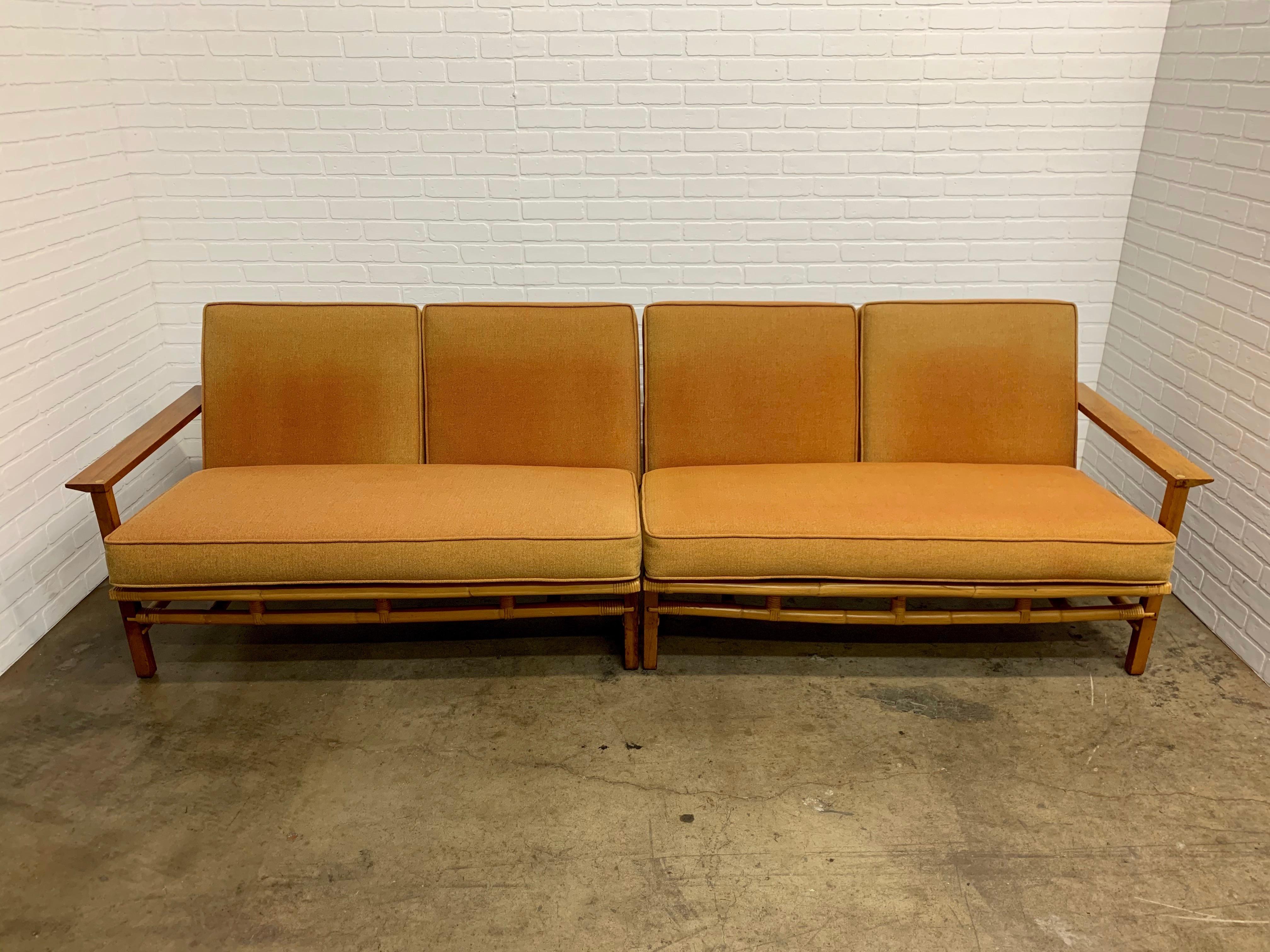 Vintage Ficks Reed Sectional Sofas Walnut with Rattan For Sale 2