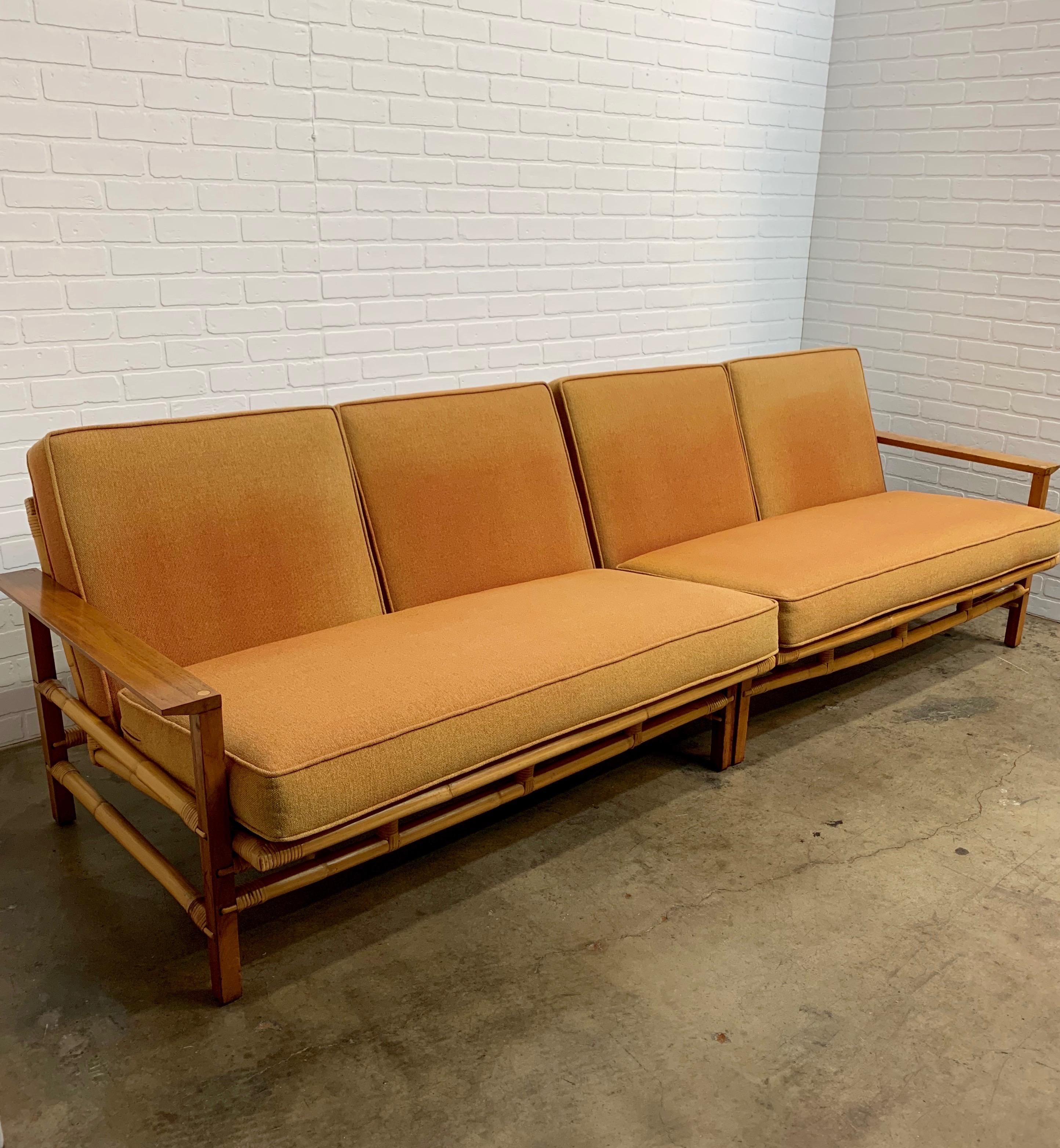 Vintage Ficks Reed Sectional Sofas Walnut with Rattan For Sale 4