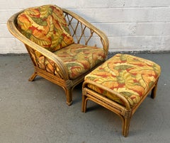 Vintage Ficks Reed Style Rattan Lounge Chair and Ottoman