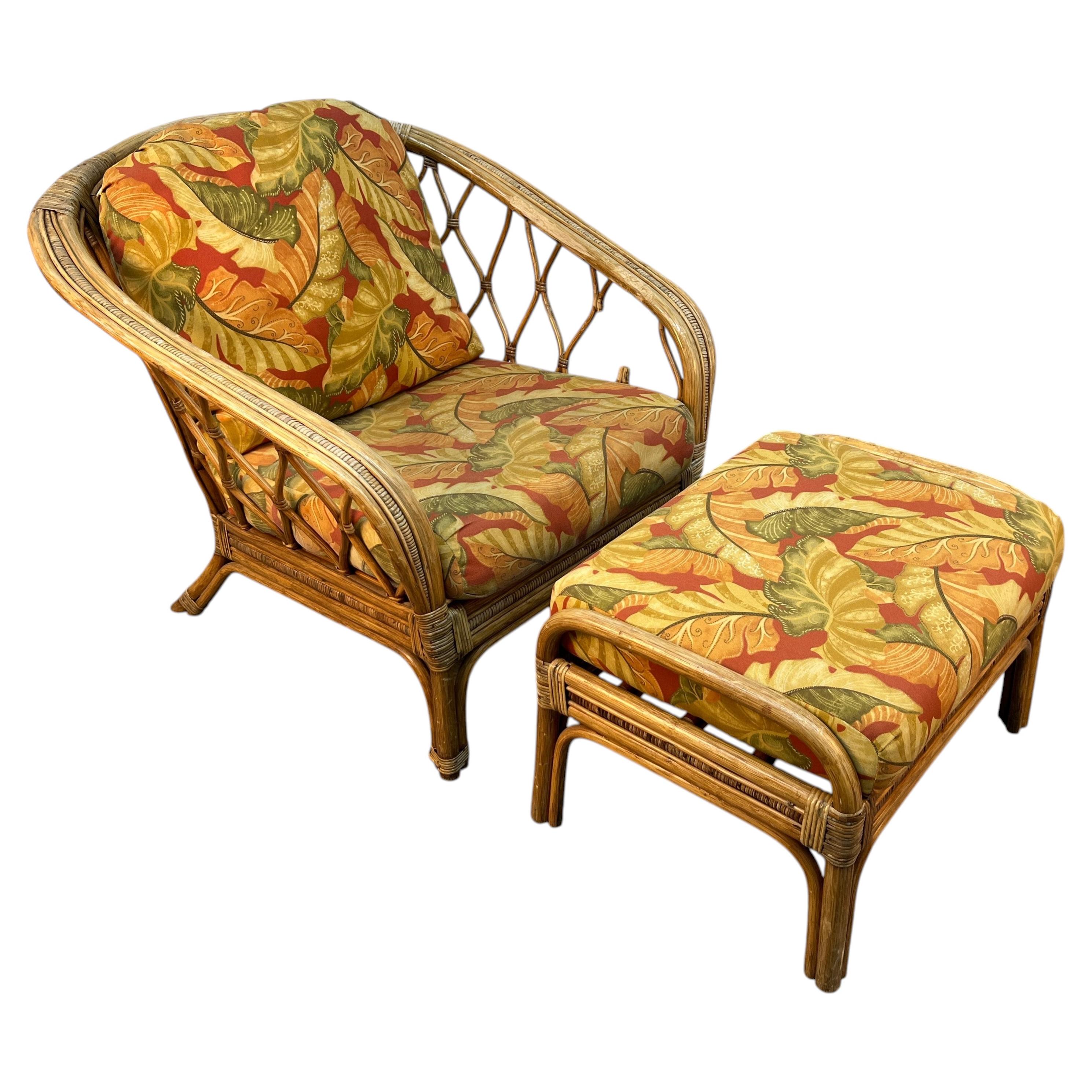 Vintage Ficks Reed Style Rattan Lounge Chair and Ottoman